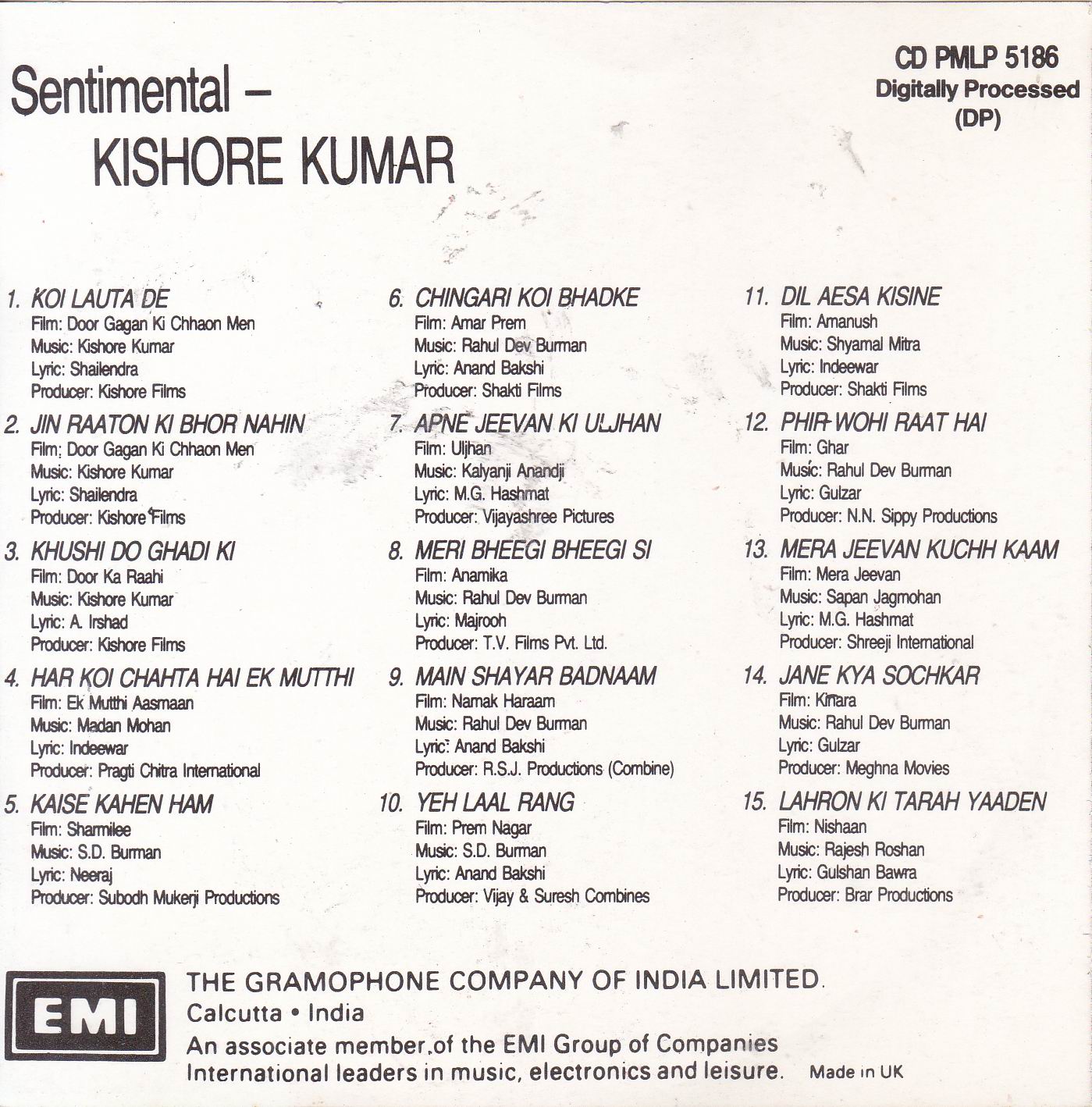 (image for) Sentimental Hits Kishore Kumar EMI Cd