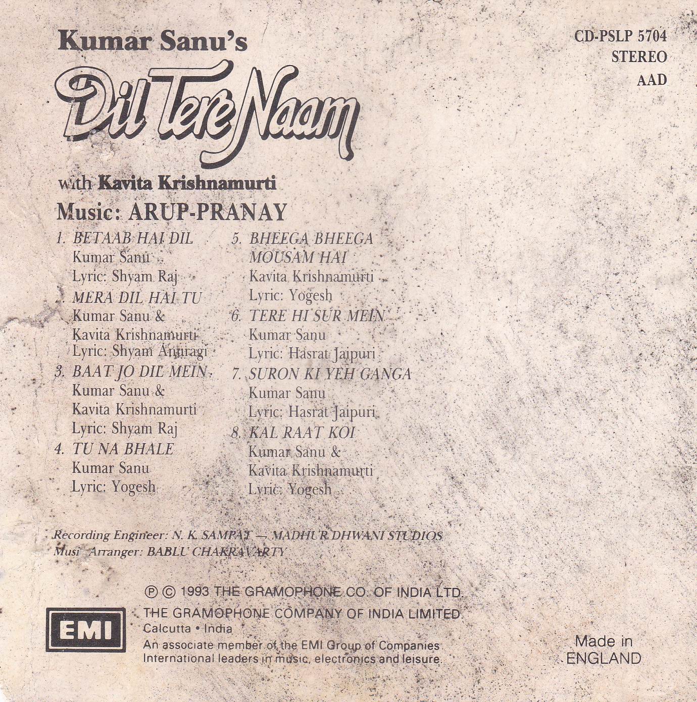 (image for) Dil Tere Naam Kumar Sanu & Kavita EMI Cd Made In England