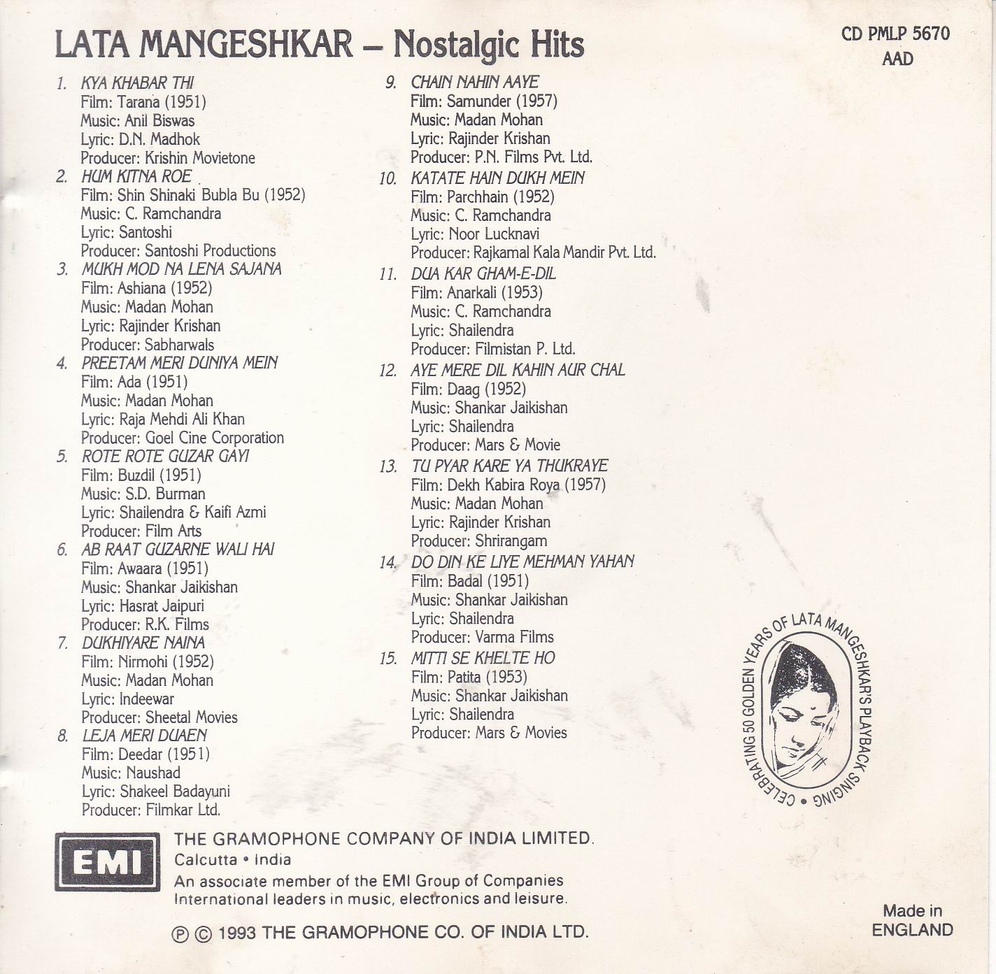 Nostalgic Hits Lata Mangeshkar EMI Cd - Click Image to Close