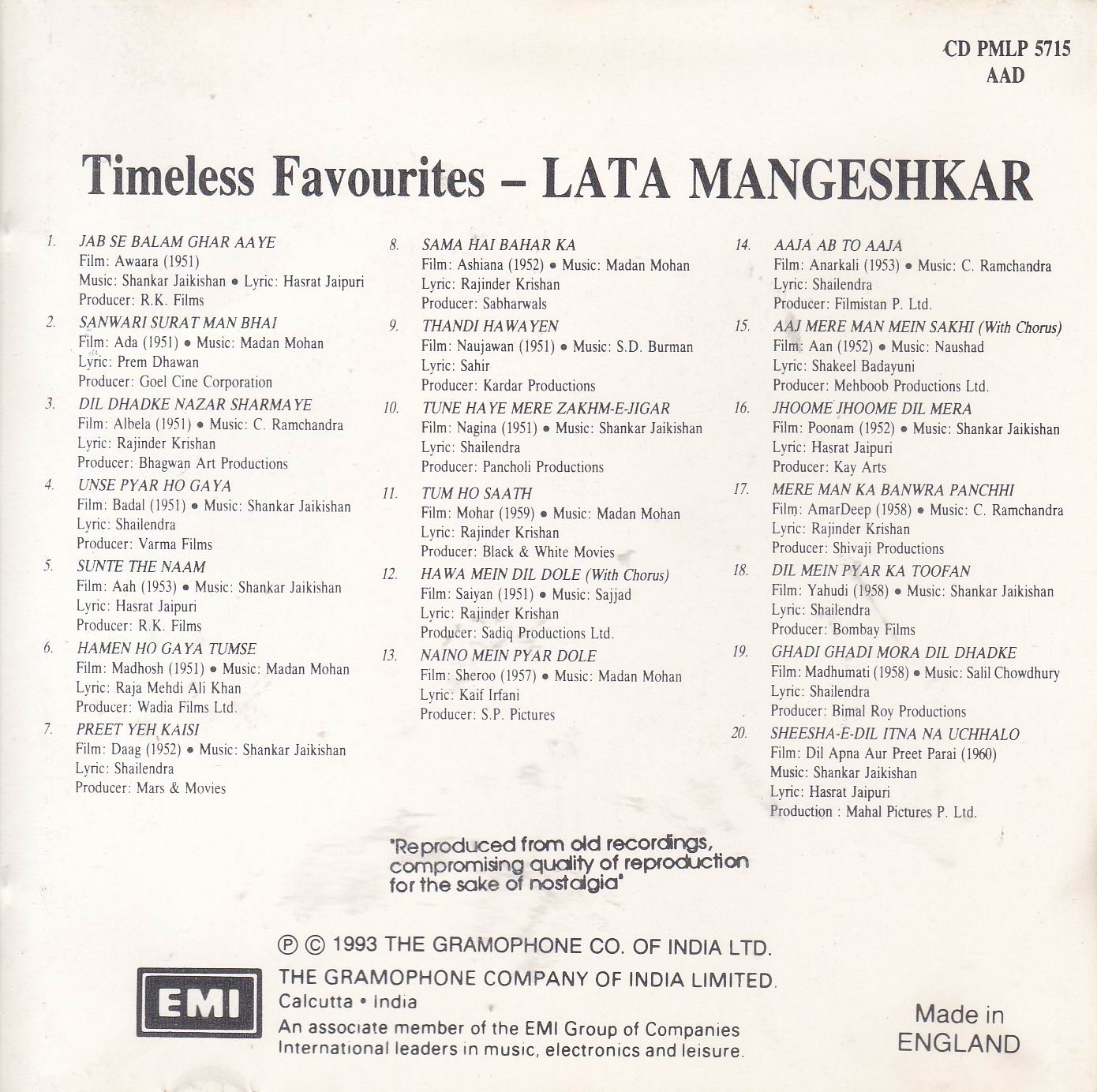 Timeless Favourites Lata Mangeshkar EMI Cd - Click Image to Close