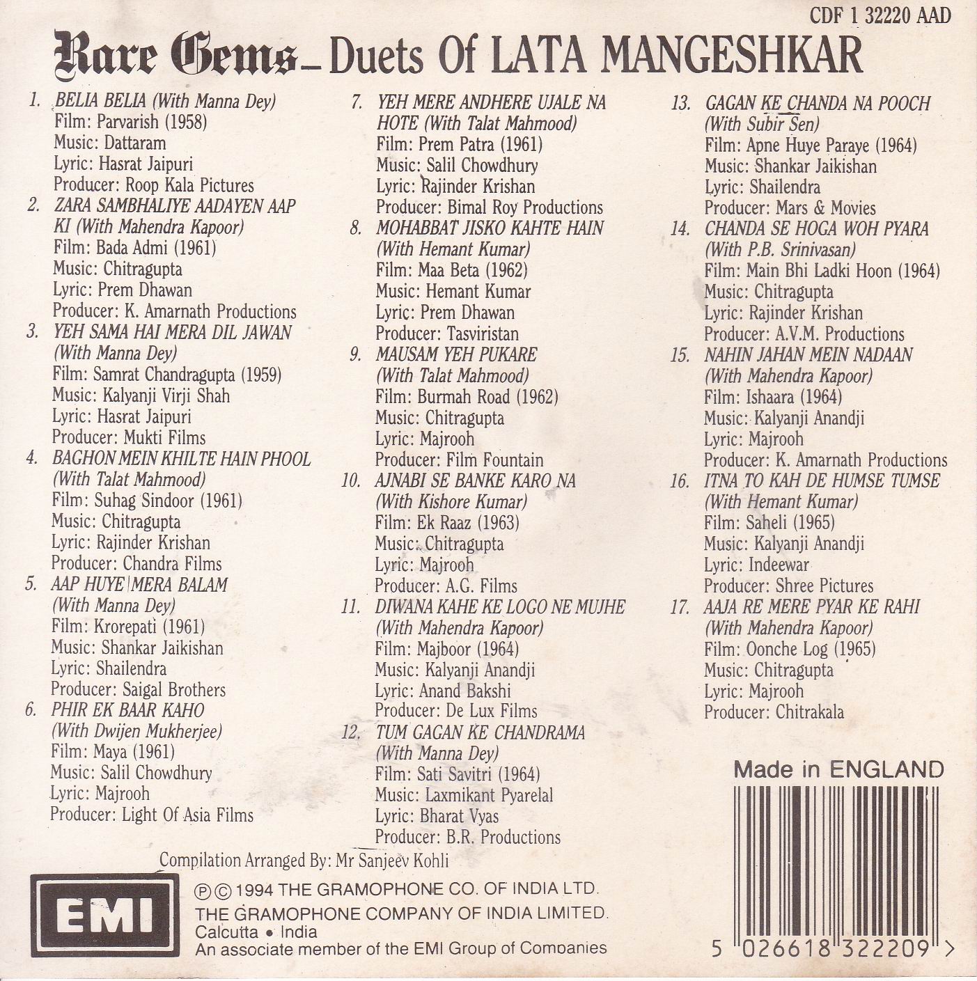 Rare Gems Duets Of Lata Mangeshkar EMI Cd - Click Image to Close