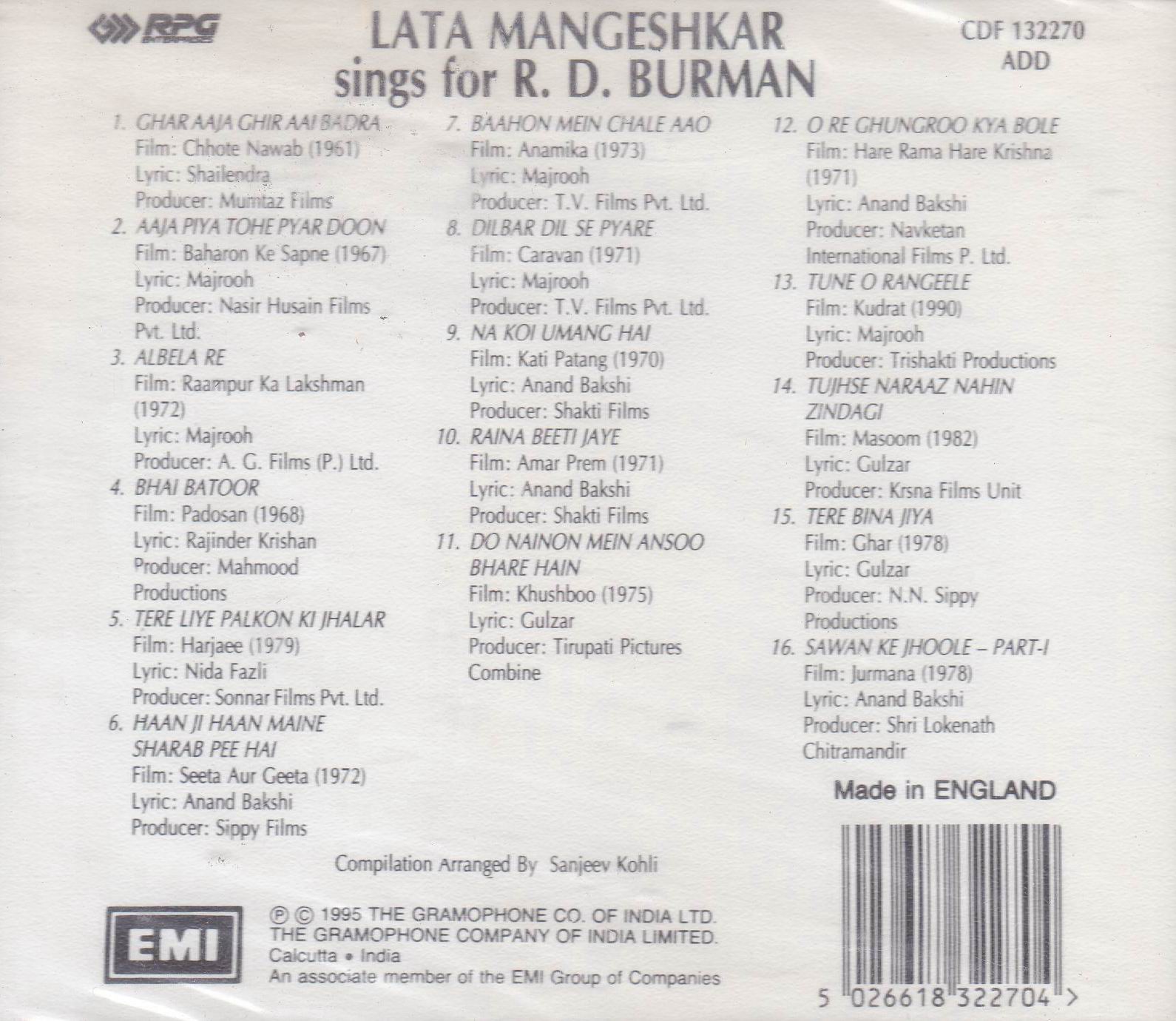 (image for) Lata Mangeshkar Sings For R D Burman EMI Cd