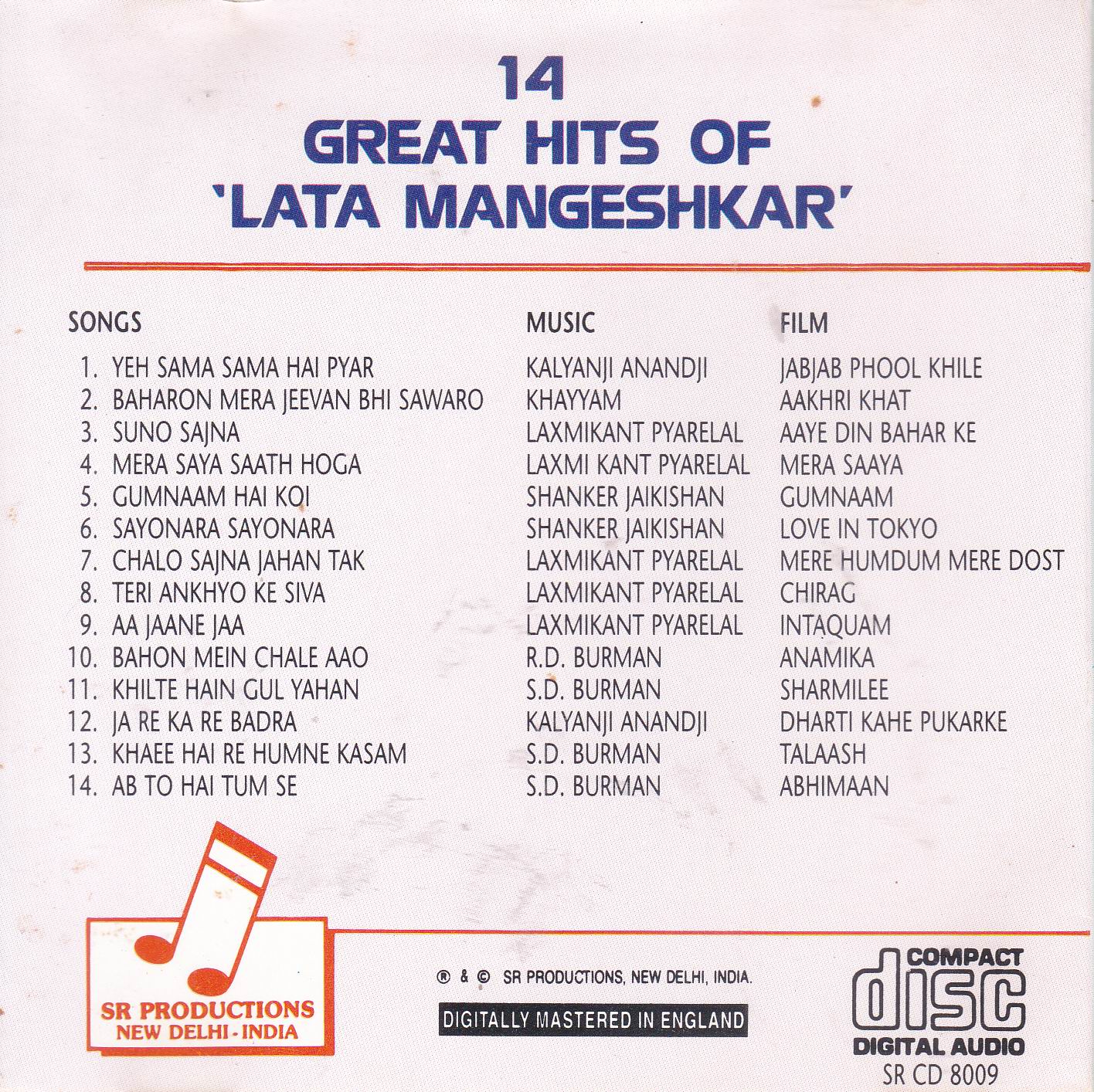 14 Great Hits Of Lata Mangeshkar BR Records Cd - Click Image to Close