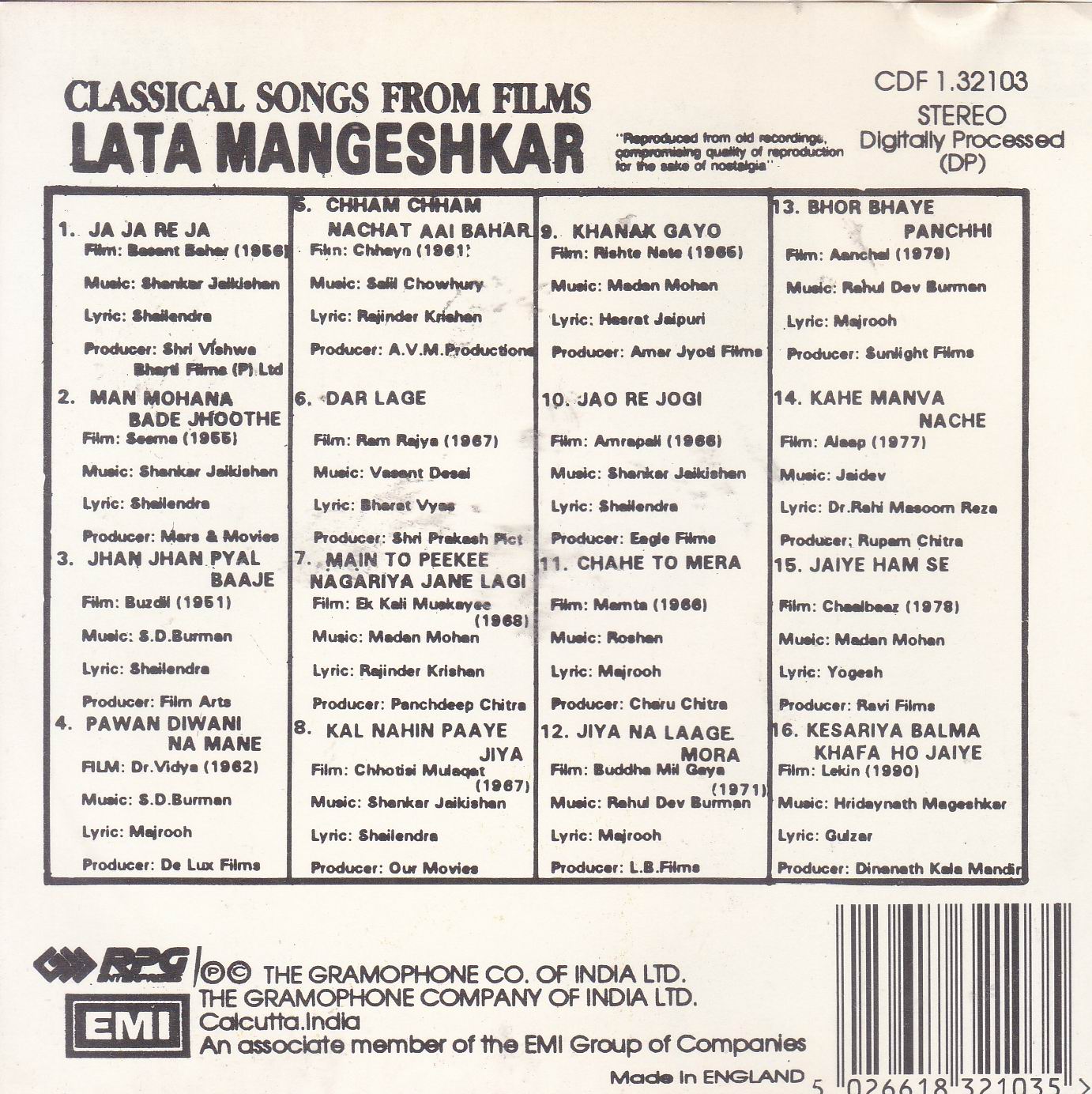 Classical Songs From Films Lata Mangeshkar EMI Cd - Click Image to Close