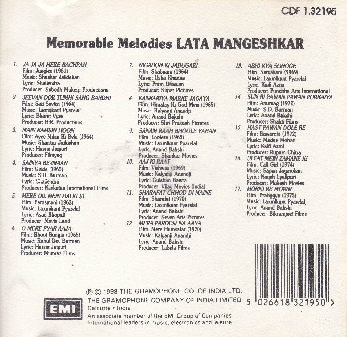 Memorable Melodies Lata Mangeshkar EMI Cd - Click Image to Close