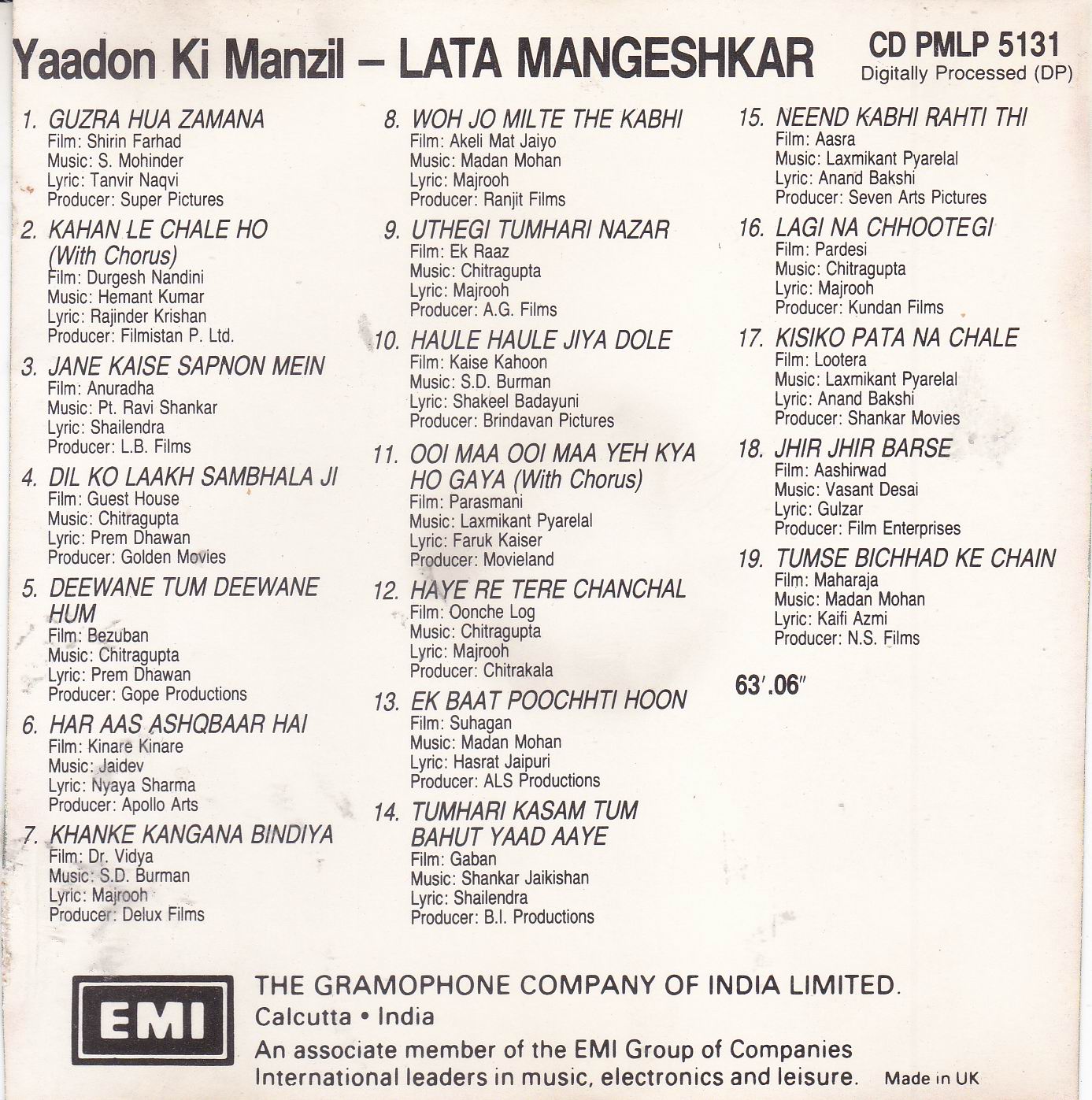 Yaadon Ki Manzil Lata Mangeshkar EMI Cd - Click Image to Close