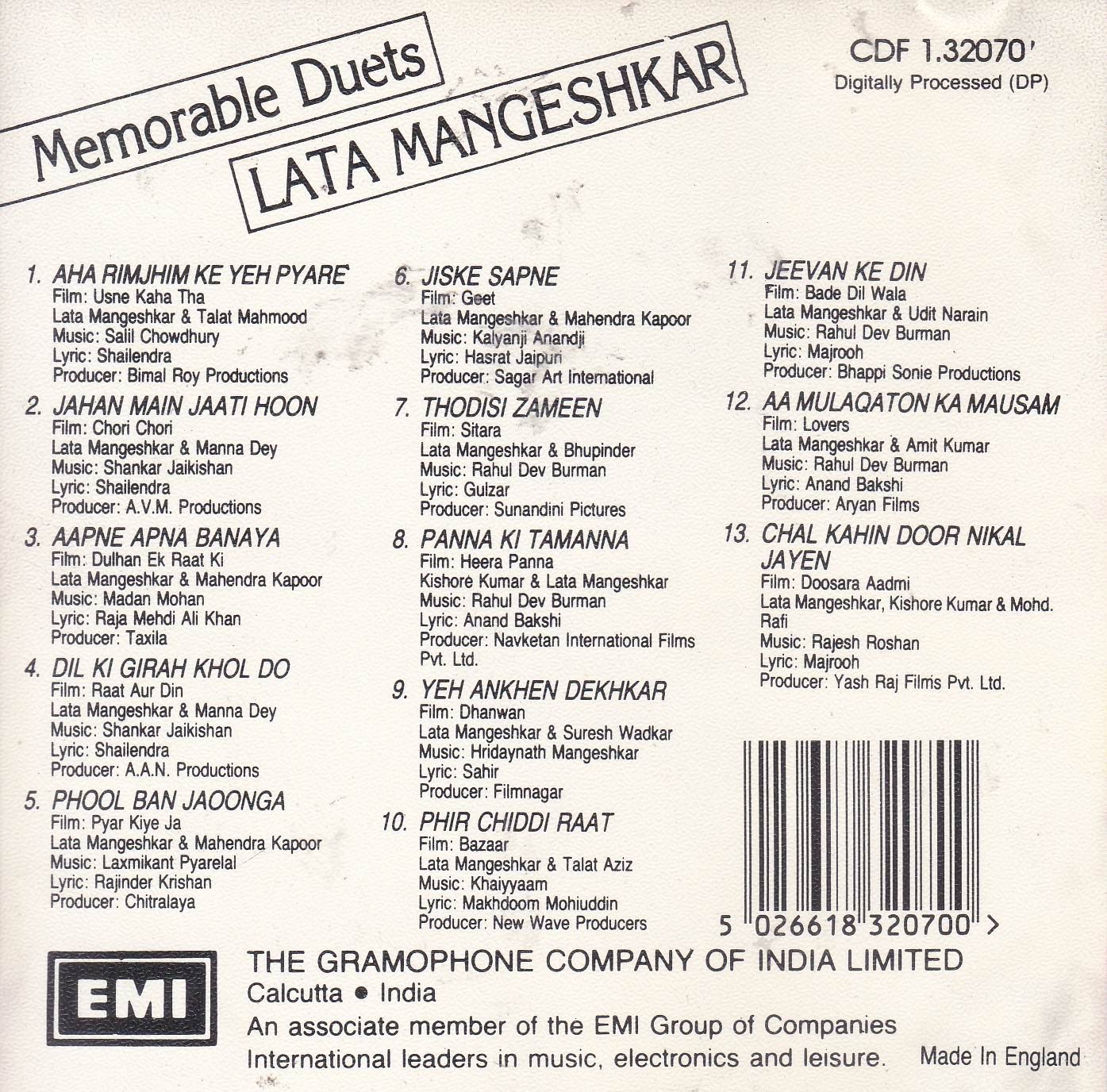 Memorable Duets Lata Mangeshkar EMI Cd - Click Image to Close