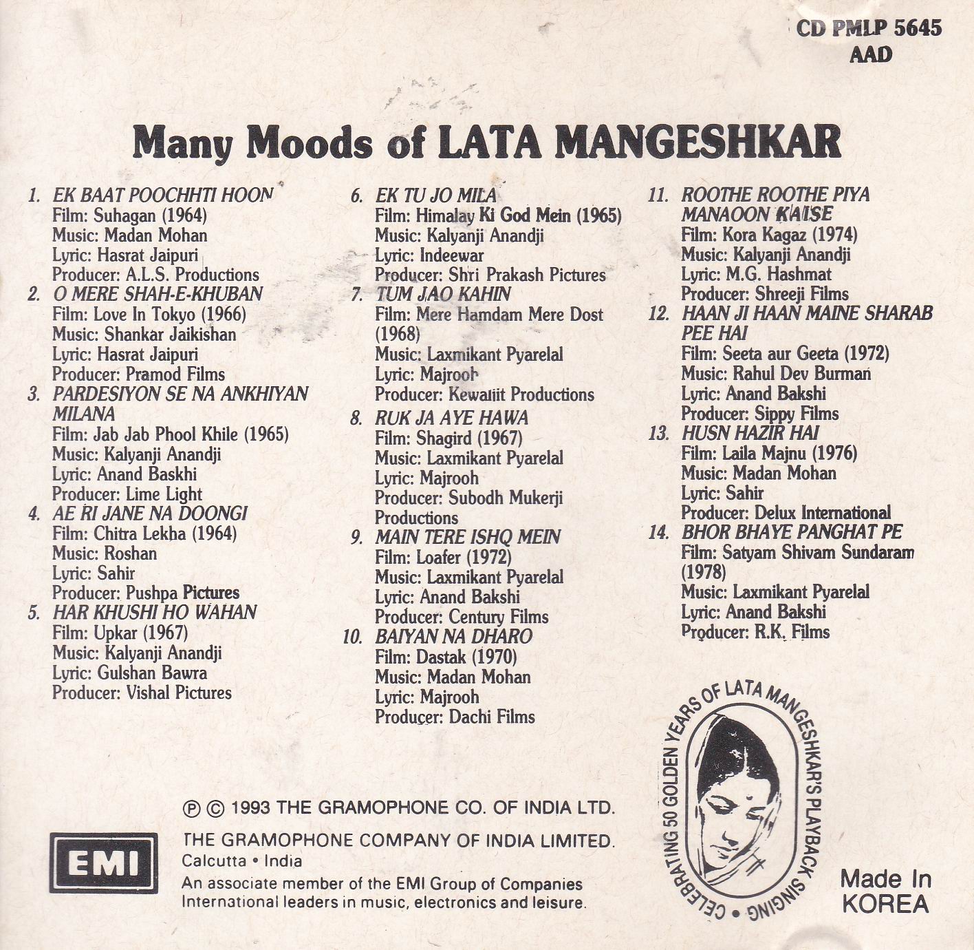 Many Moods Of Lata Mangeshkar EMI Cd - Click Image to Close