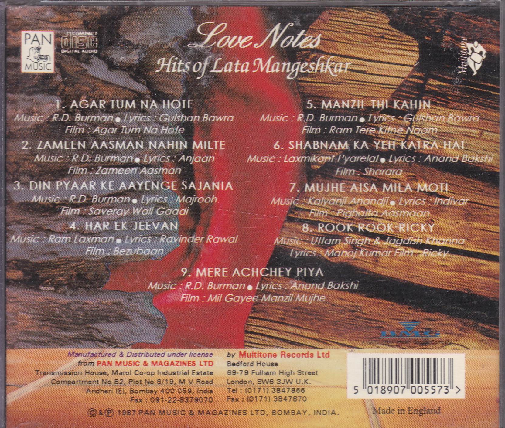 (image for) Love Notes Lata Mangeshkar Pan Music Cd