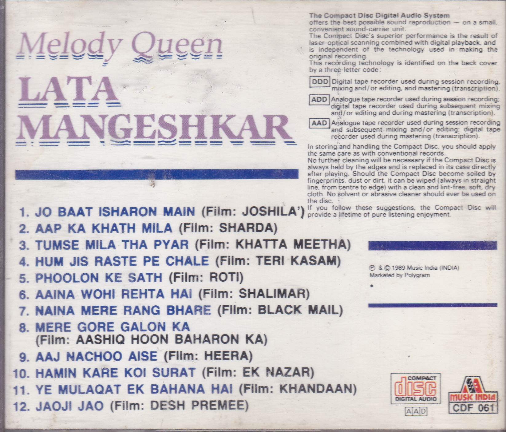 Melody Queen Lata Mangeshkar Music India Cd - Click Image to Close