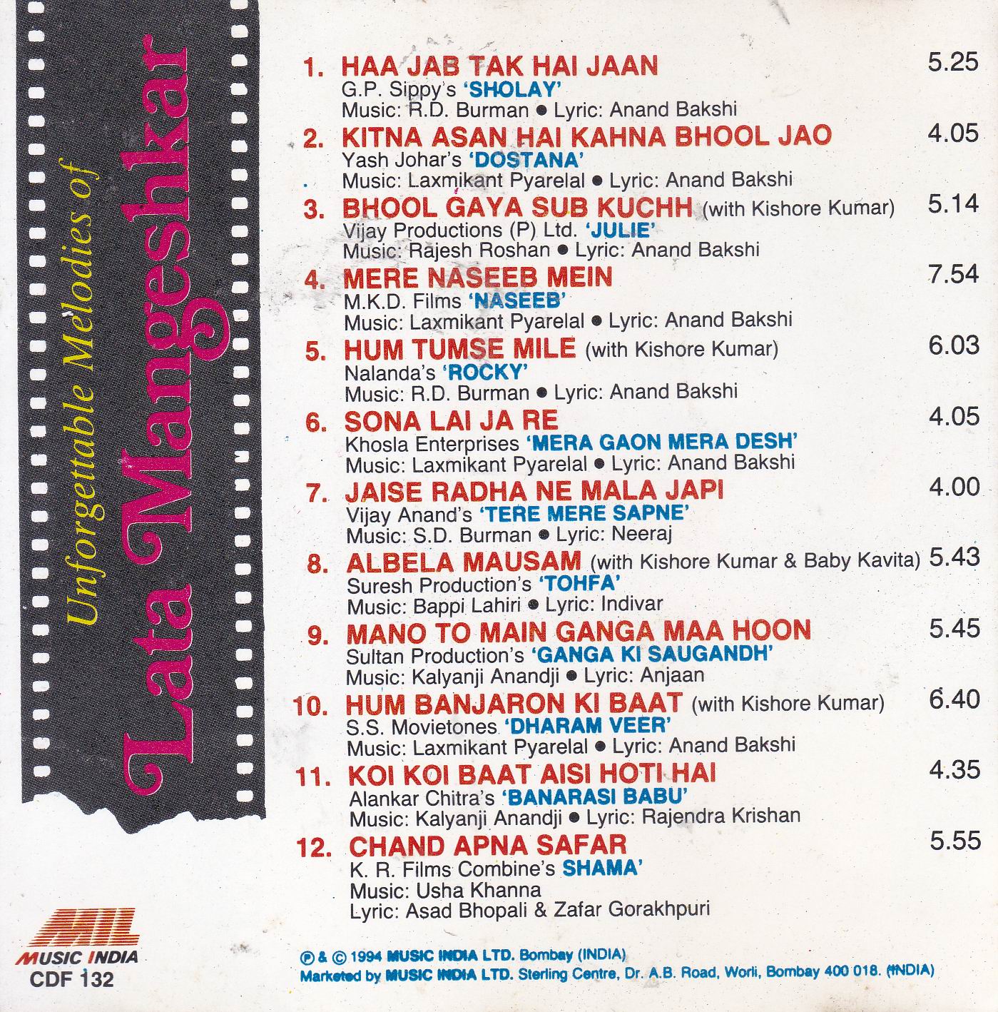 Unforgettable Melodies Of Lata Mangeshkar Music India Cd - Click Image to Close