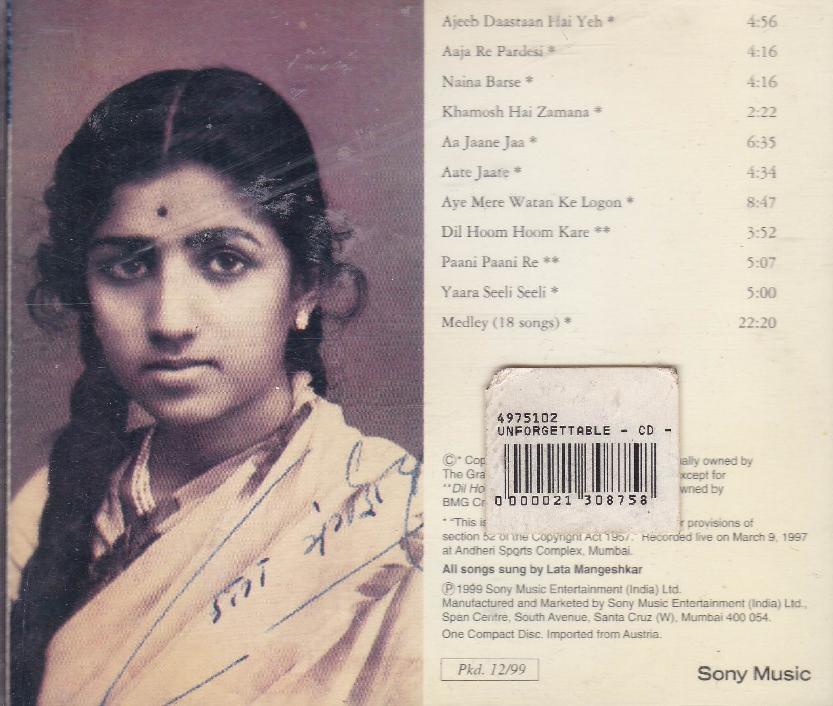 (image for) Unforgettable Lata Mangeshkar Sony Music Cd