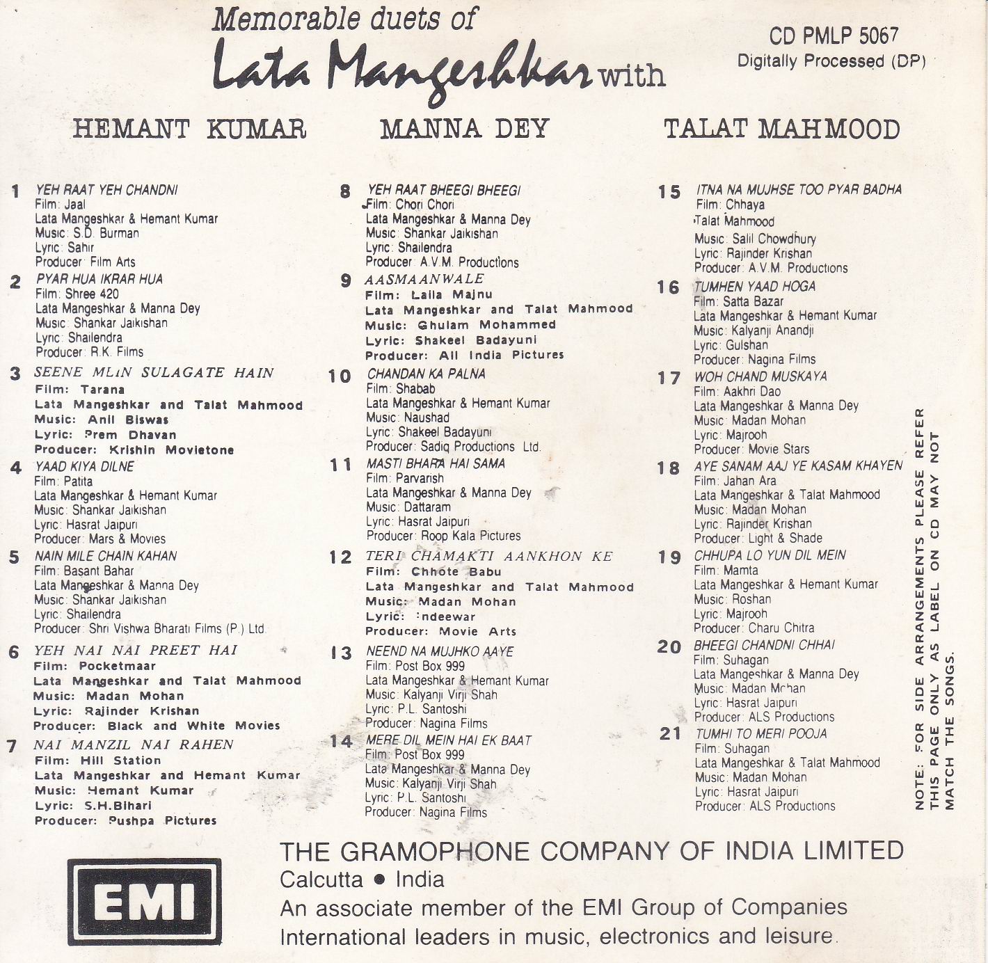 Memorable Duets Of Lata Mangeshkar EMI Cd - Click Image to Close