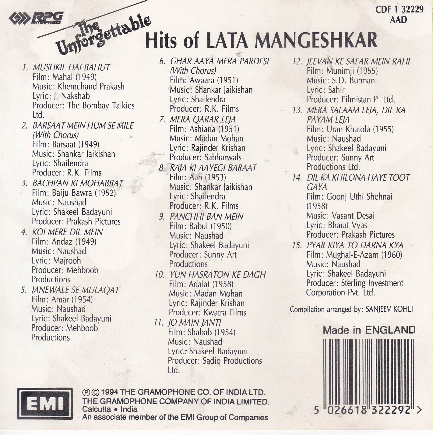 Unforgettable Hits Of Lata Mangeshkar EMI Cd - Click Image to Close