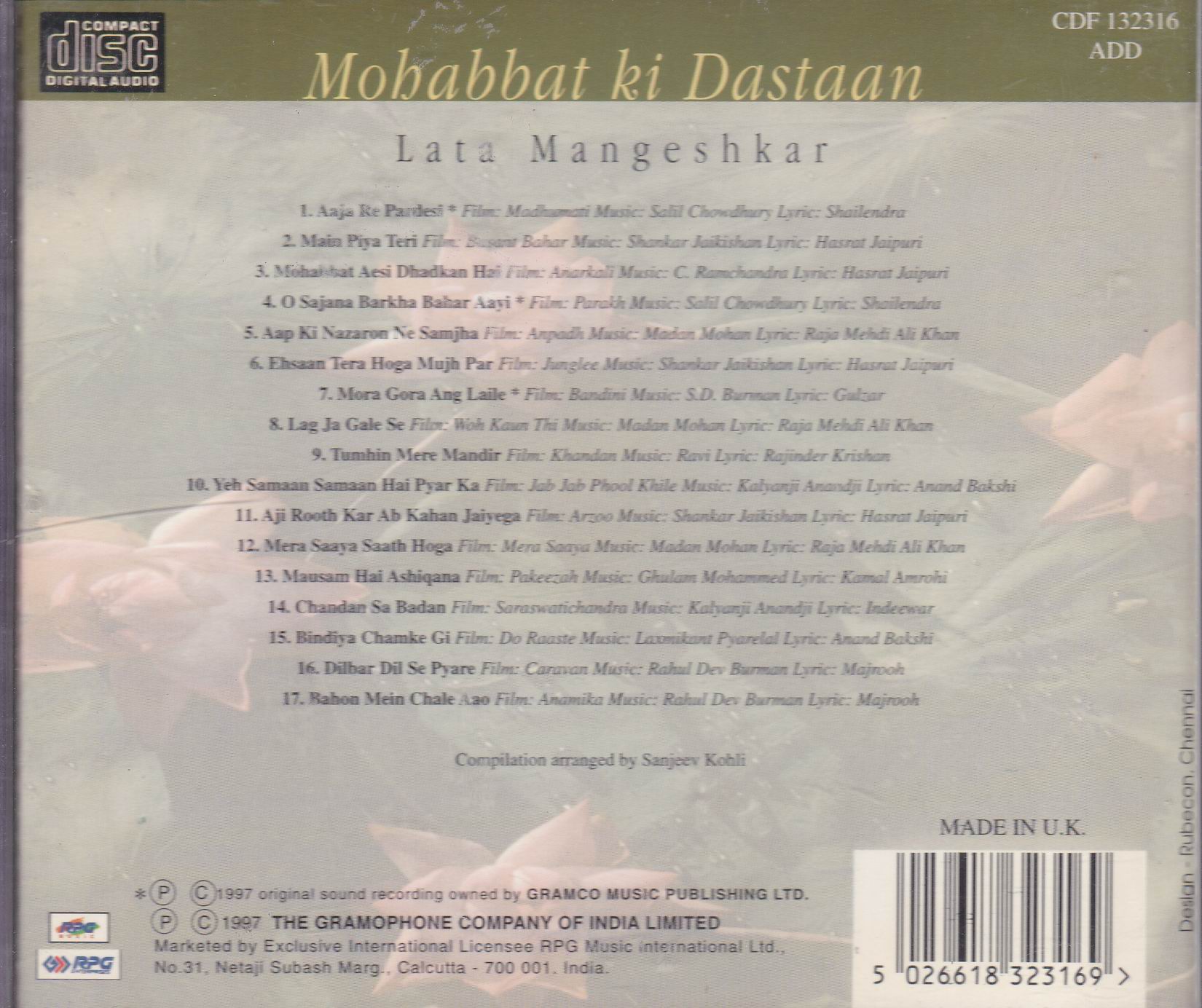 (image for) Mohabbat Ki Dastaan Hits Of Lata Mangeshkar EMI Cd