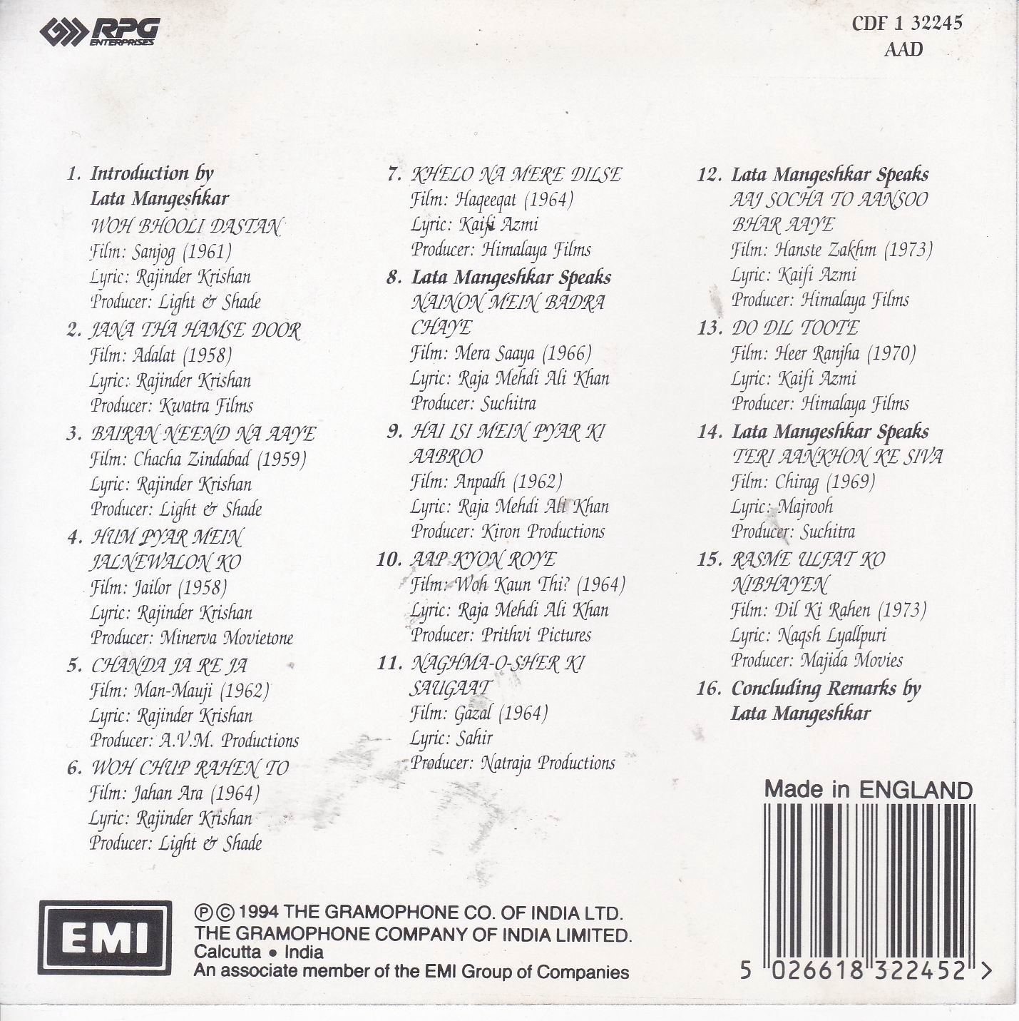 (image for) Lata Mangeshkar Sings For Madan Mohan EMI Cd