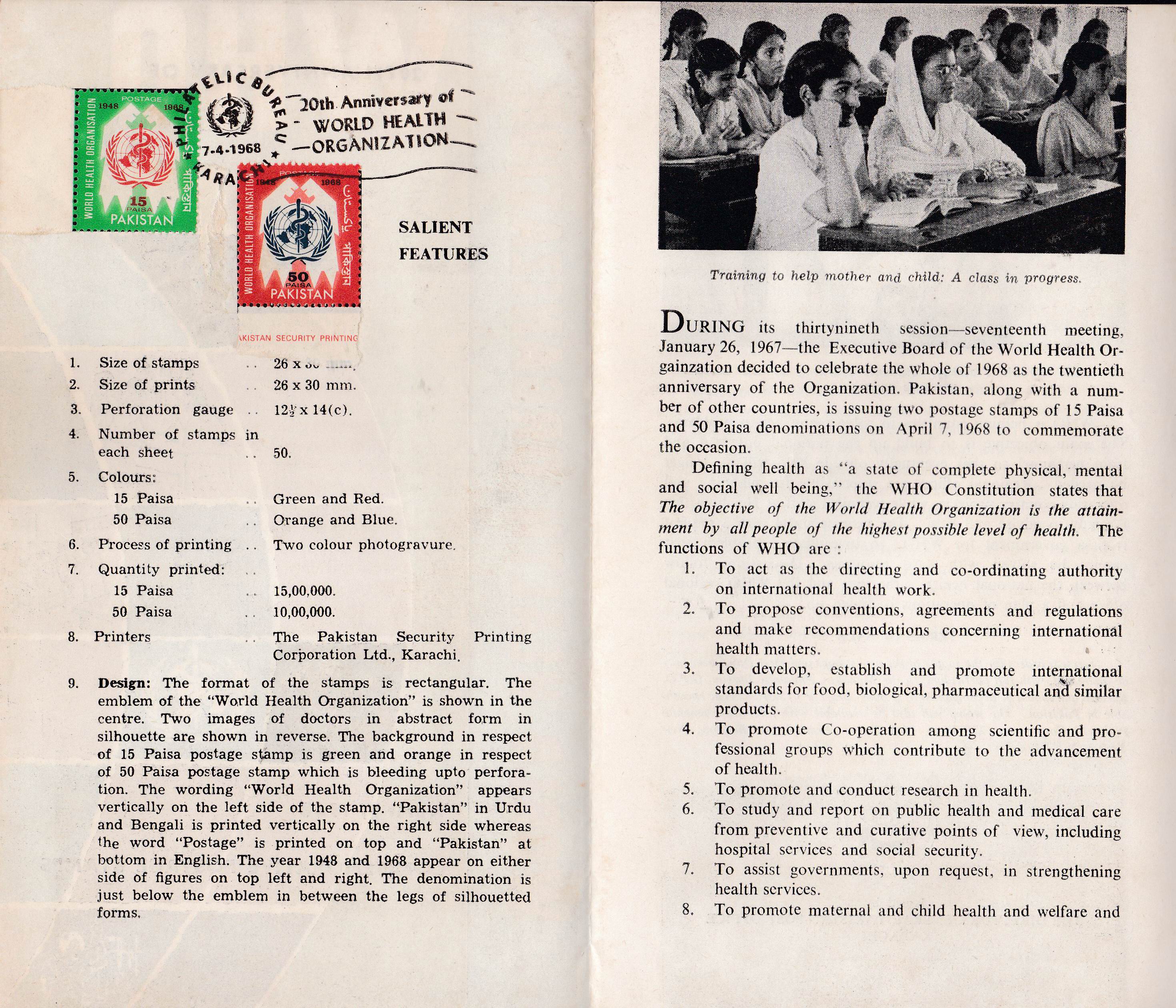 (image for) Pakistan Fdc 1968 Brochure & Stamp World Health Organization WHO