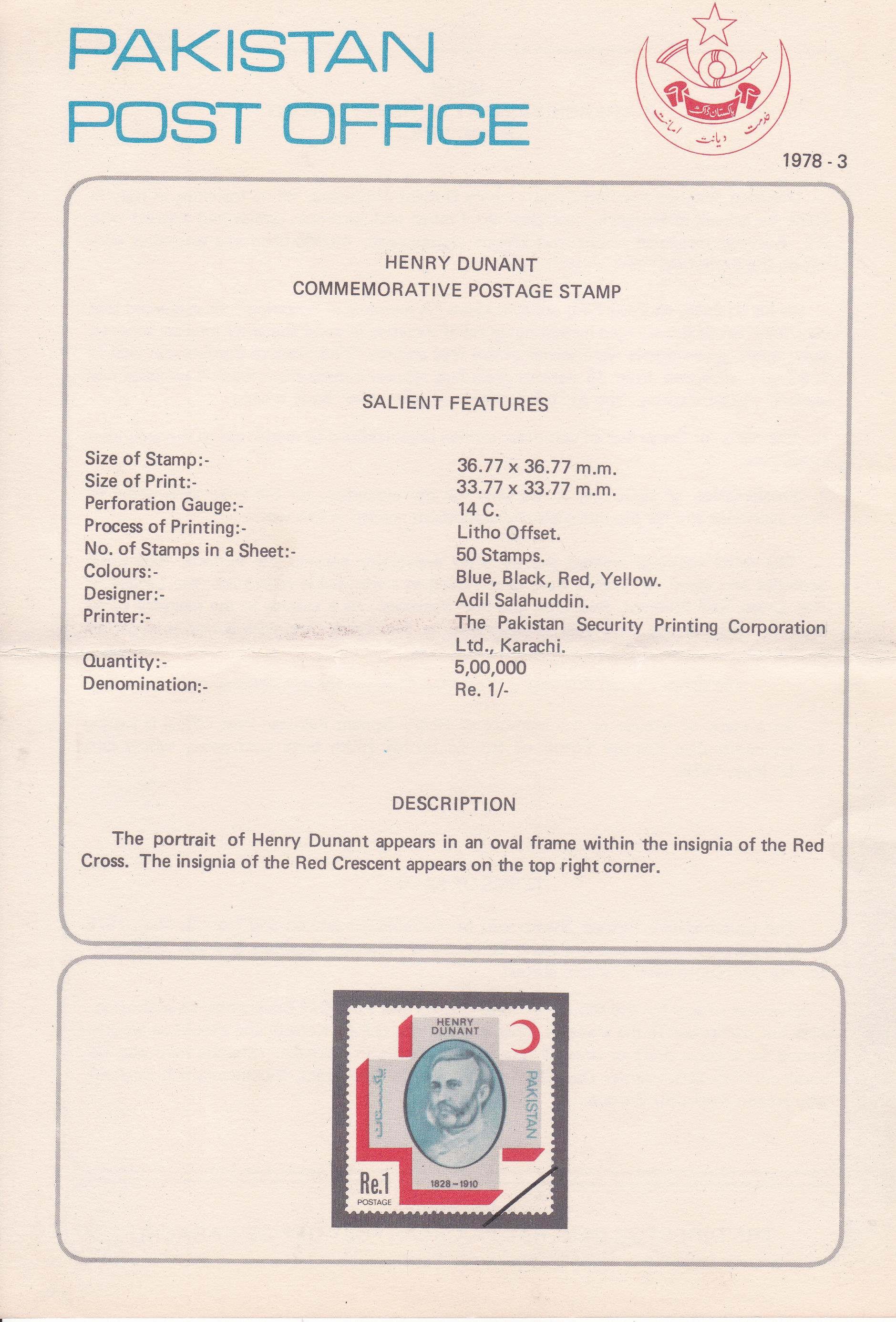(image for) Pakistan Fdc 1978 Brochure & Stamp Henry Dunant Red Cross