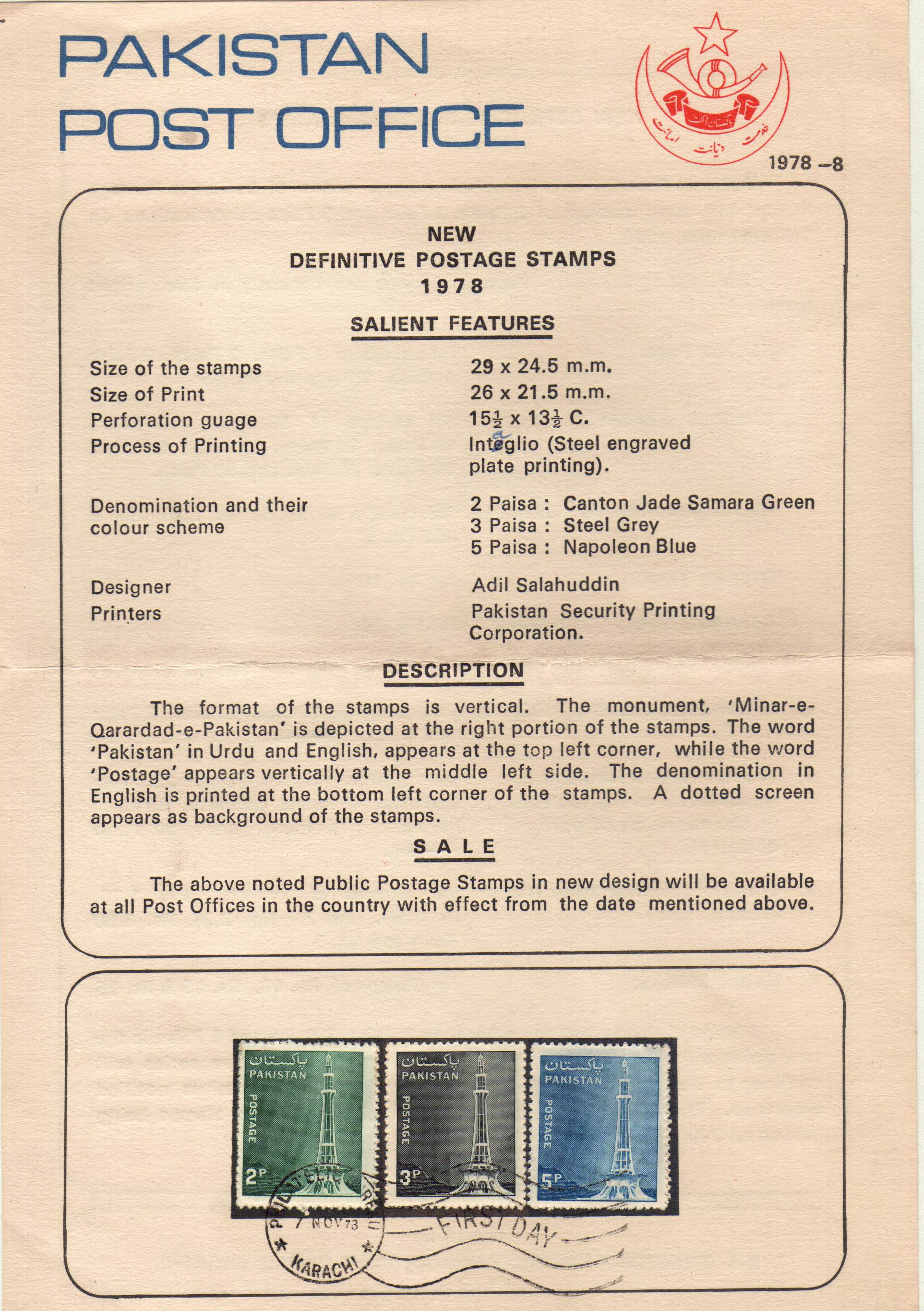 (image for) Pakistan Fdc 1978 Brochure Definite Series
