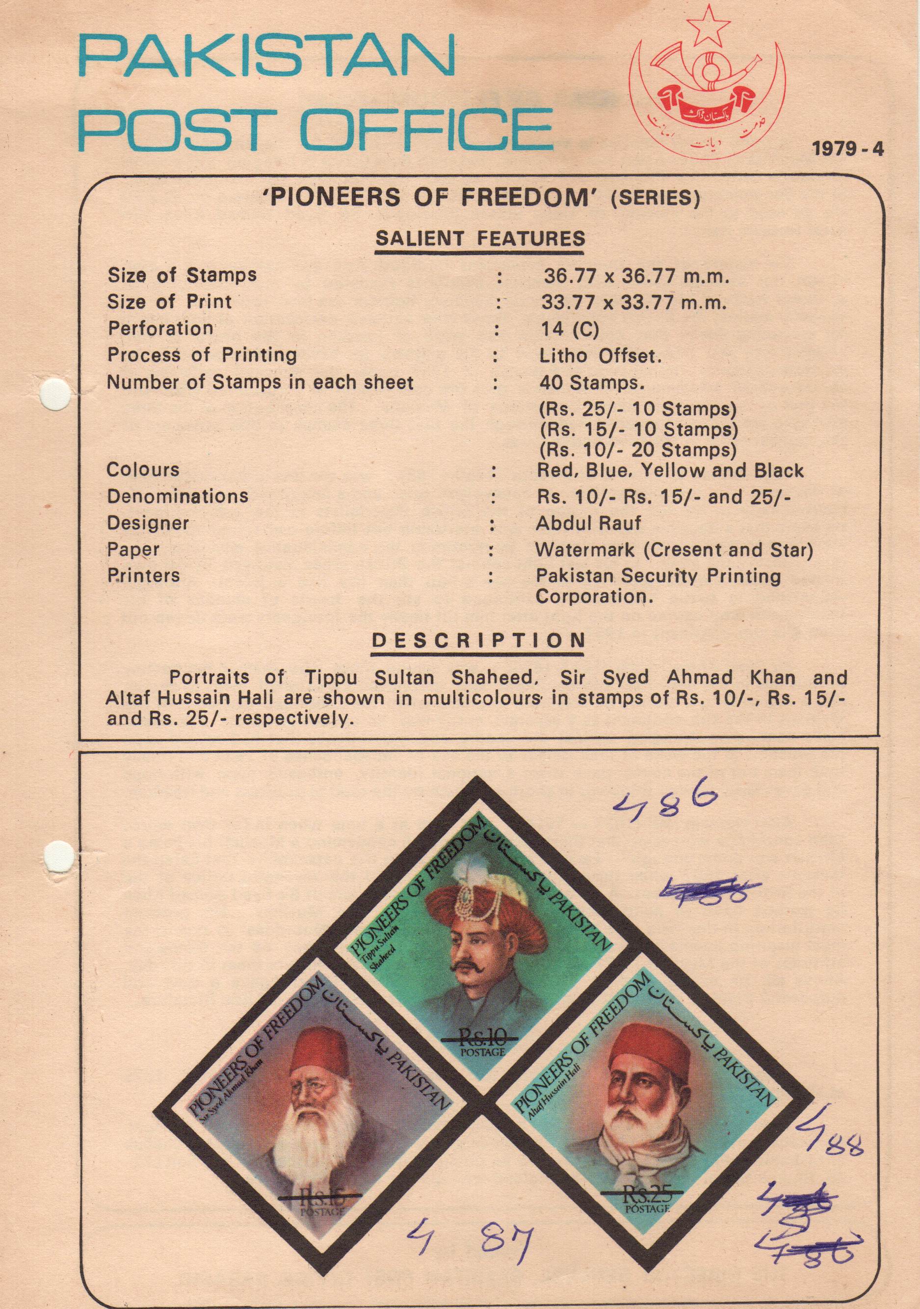 (image for) Pakistan Fdc 1979 Brochure & Stamps Pioneer Freedom Tipu Sultan