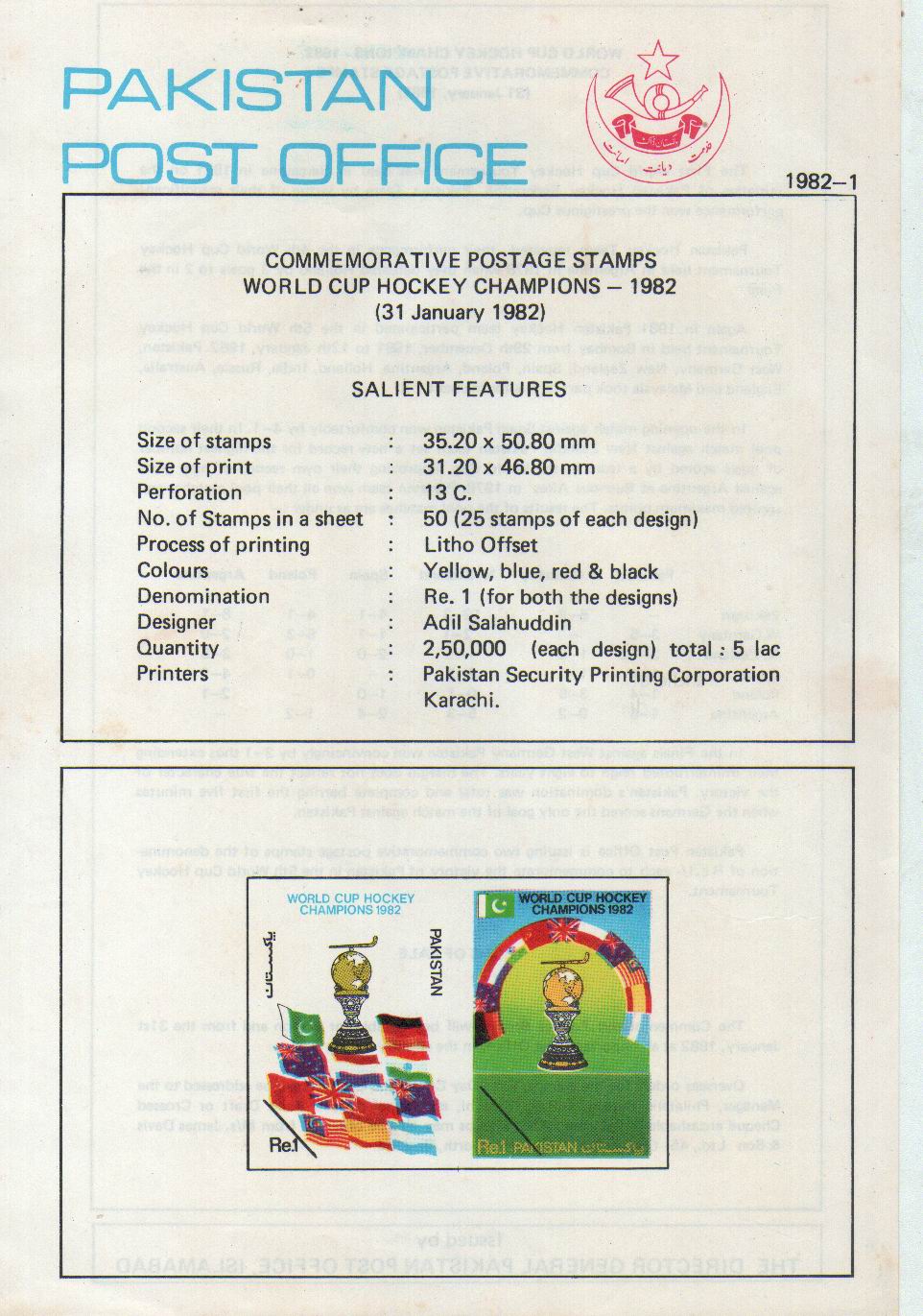 Pakistan Fdc 1982 Brochure & Stamps World Cup Hockey Champions