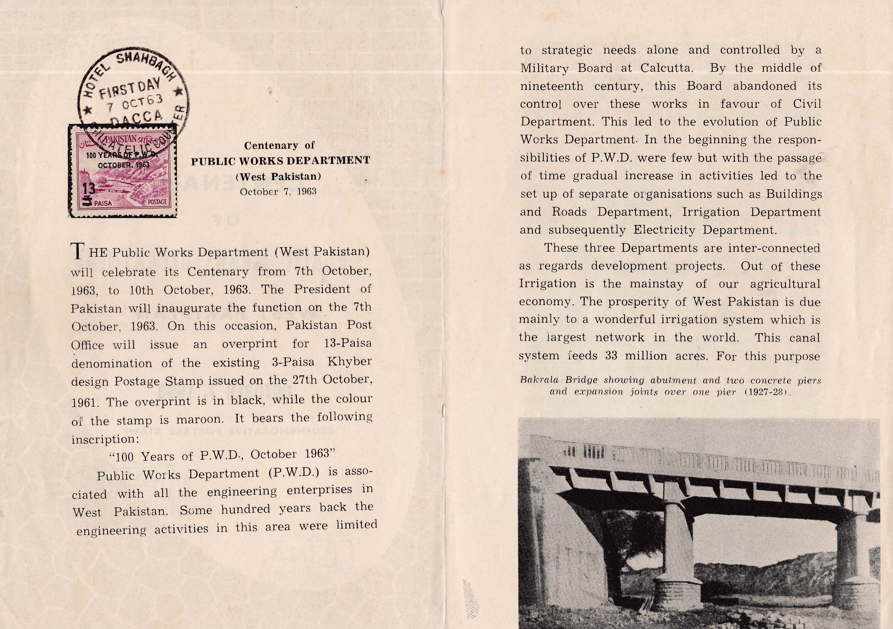 (image for) Pakistan Fdc 1963 Brochure Centeneray Of PWD Dacca Cancellation