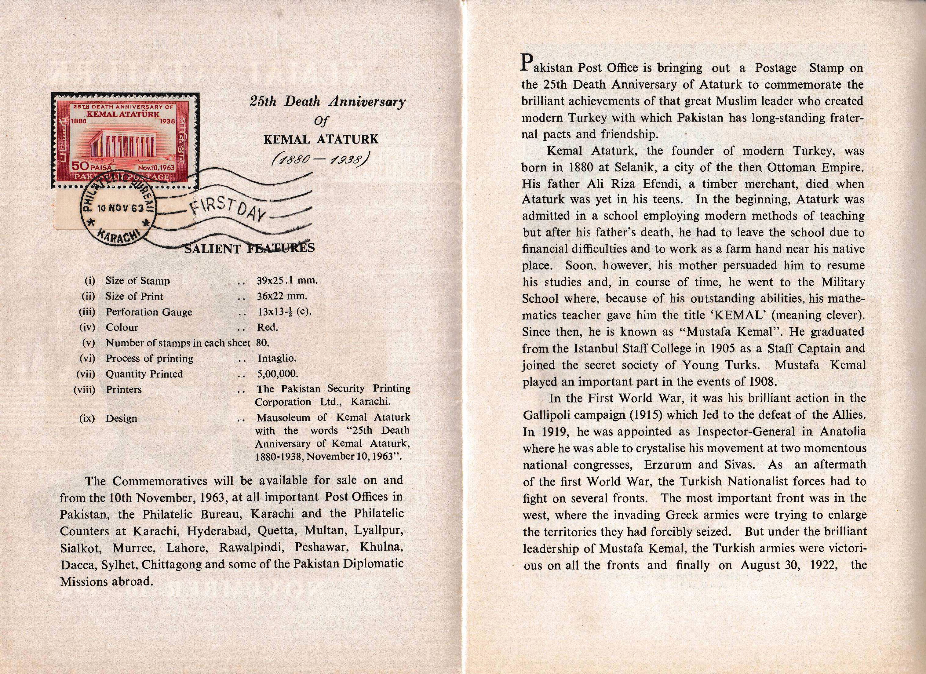 (image for) Pakistan Fdc 1963 Brochure & Stamp Kemal Ataturk