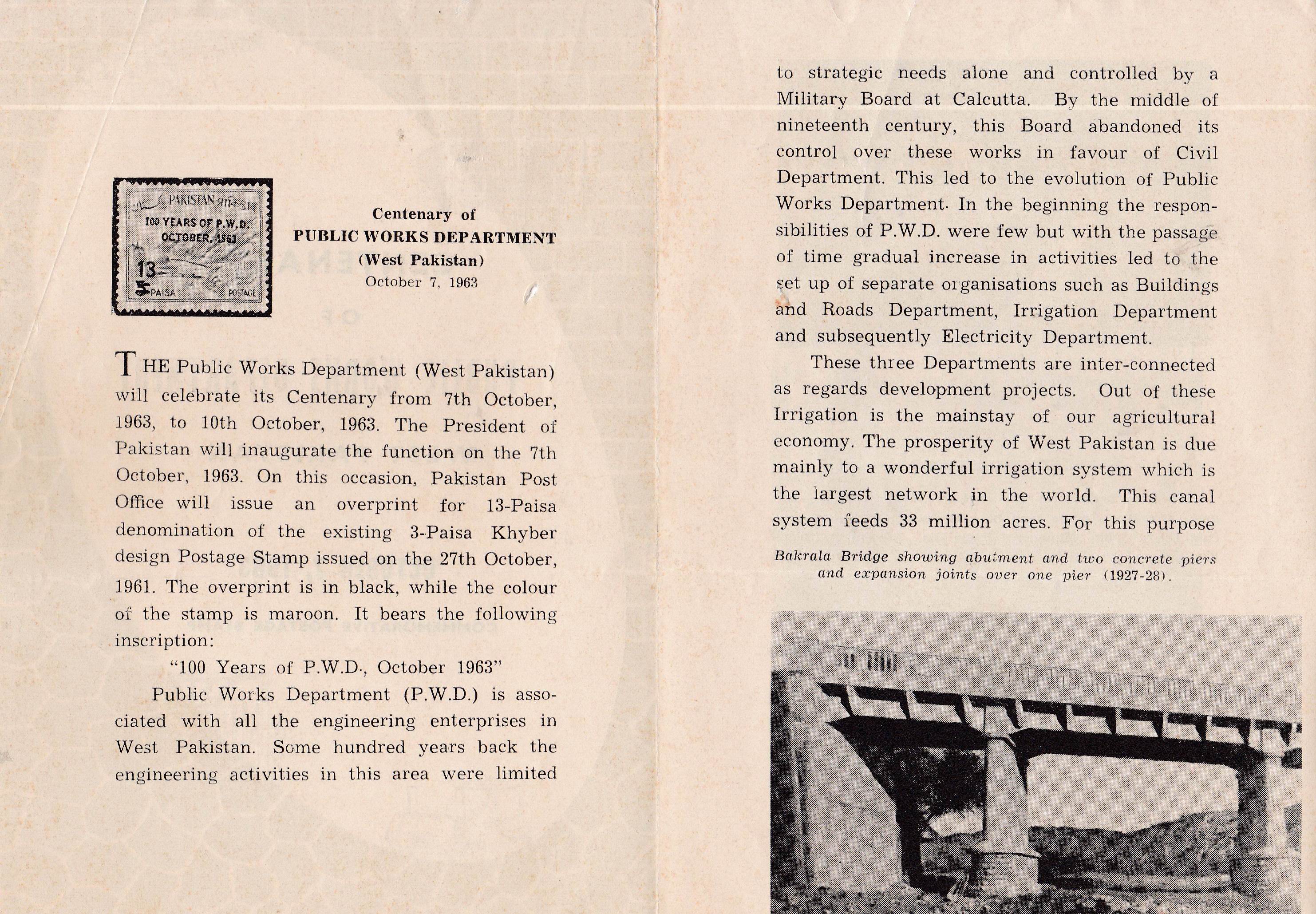 (image for) Pakistan Fdc 1963 Brochure Centeneray Of PWD