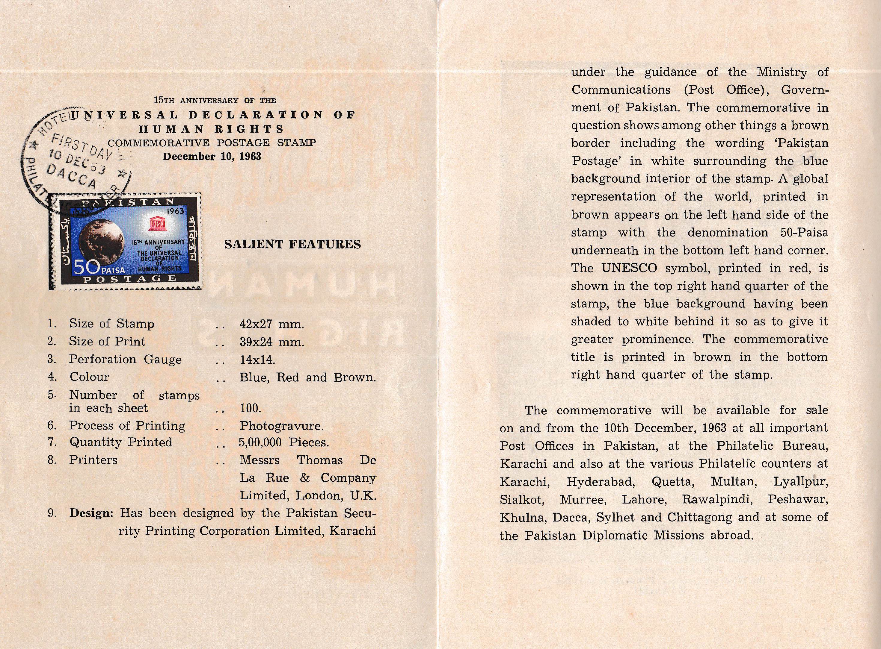 (image for) Pakistan Fdc 1963 Brochure & Stamp Declaration Human Rights