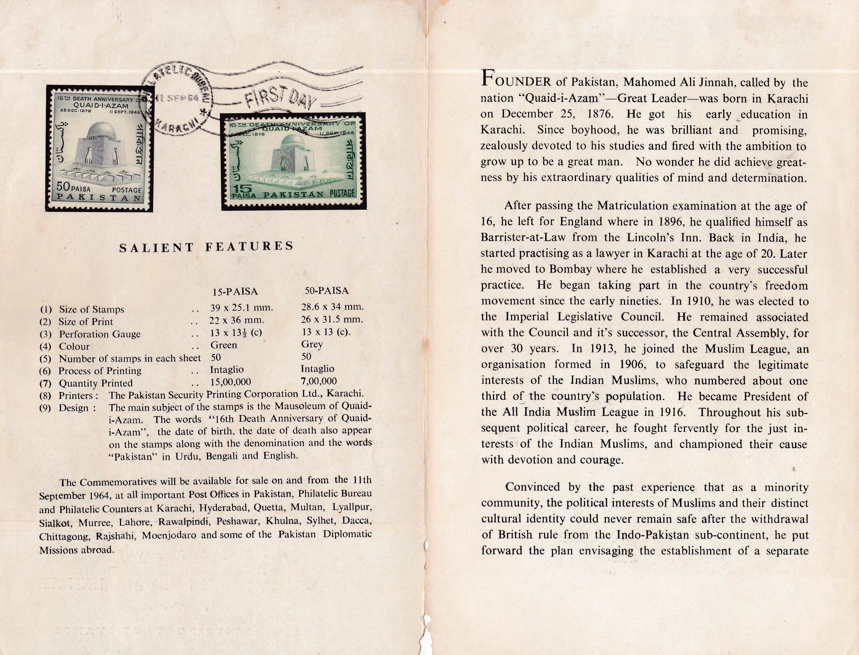 (image for) Pakistan Fdc 1964 First Day Brochure & Stamp Quaid-i-Azam Jinnah
