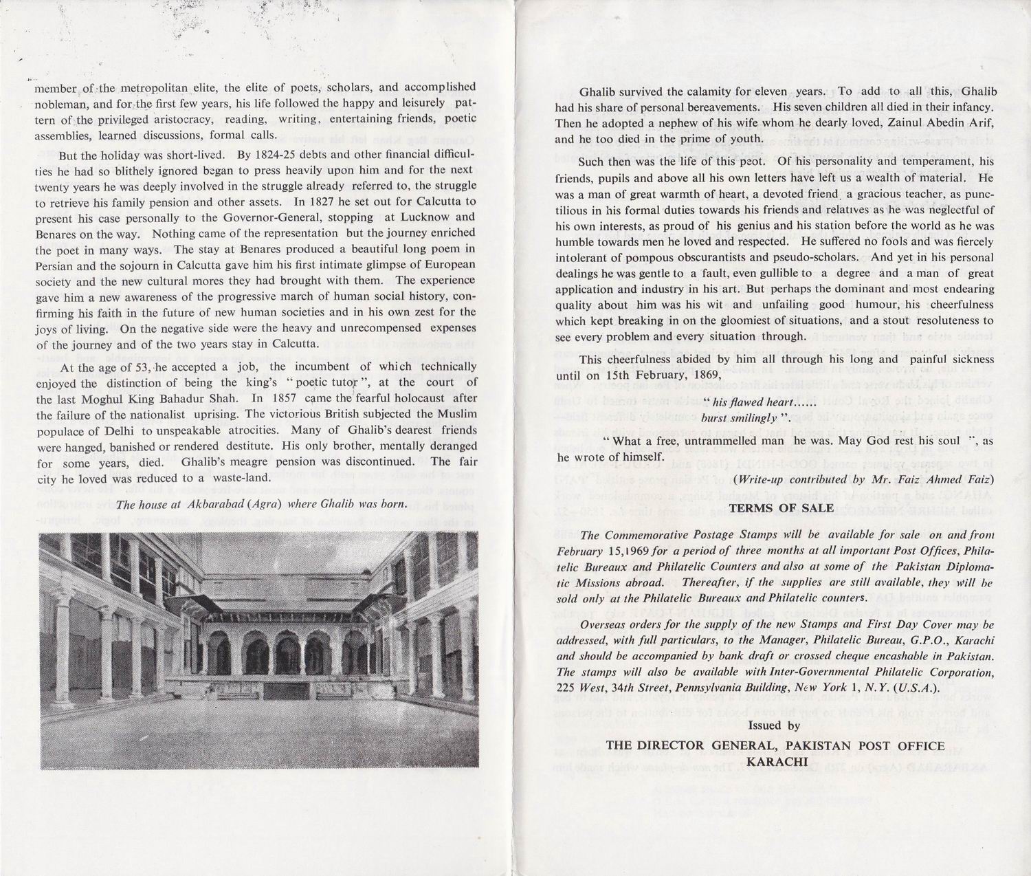 (image for) Pakistan Fdc 1969 Brochure & Stamp Mirza Ghalib The Great Poet