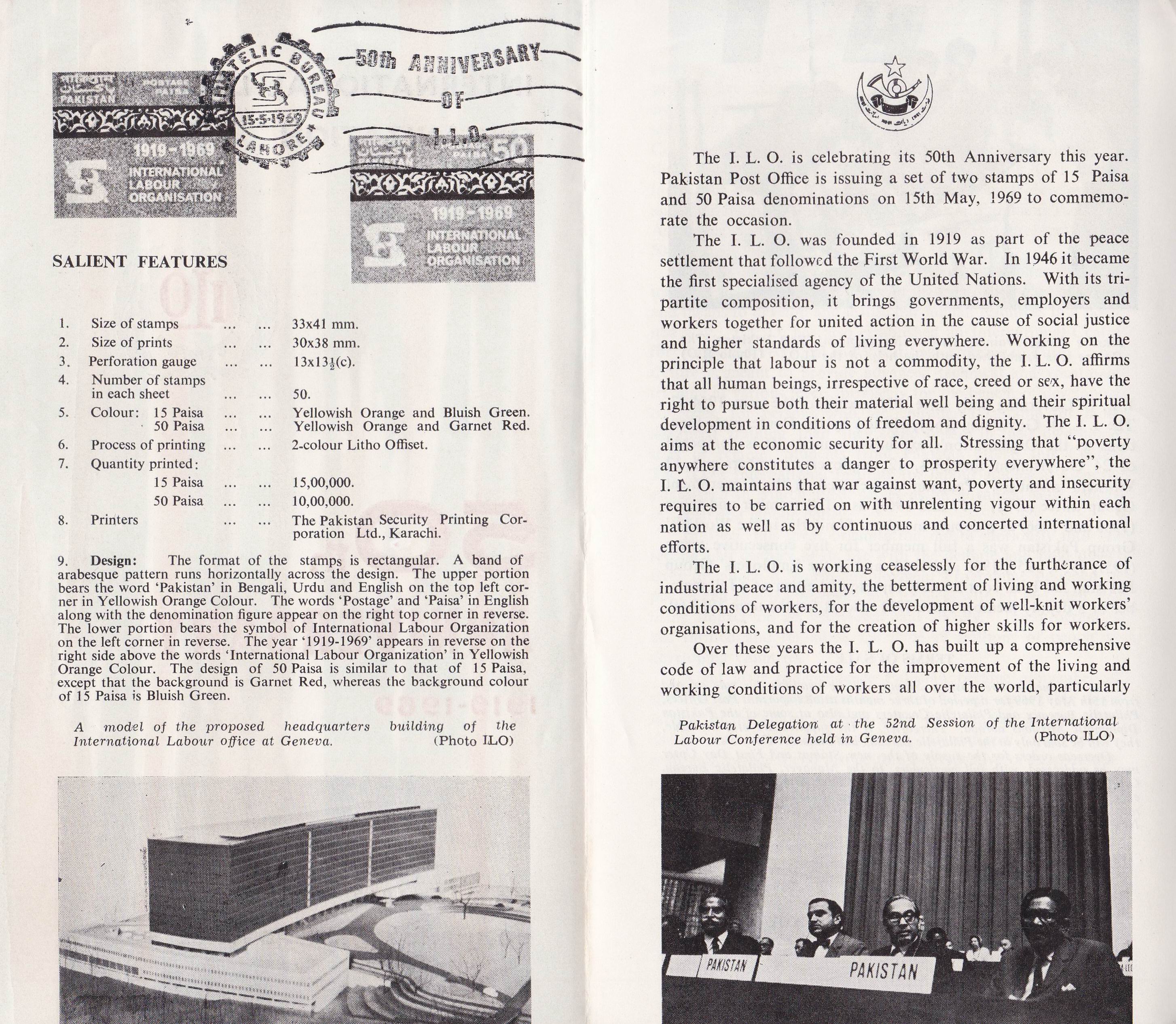 (image for) Pakistan Fdc 1969 Brochure & Stamp International Labour Org