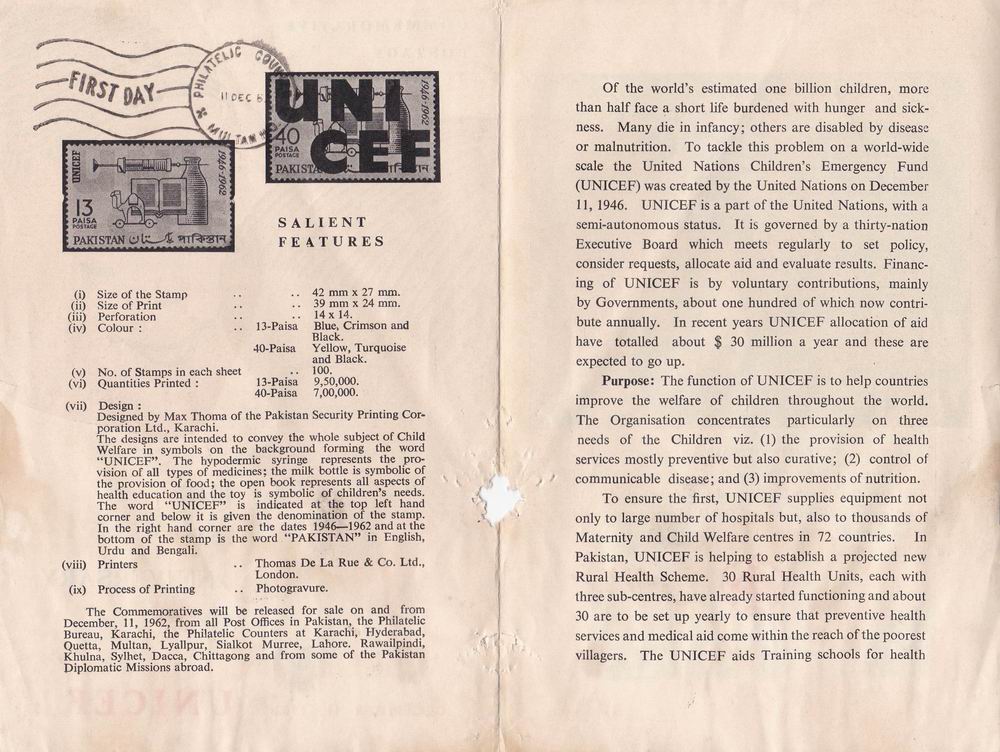 (image for) Pakistan Fdc 1962 Brochure & Stamps Unicef
