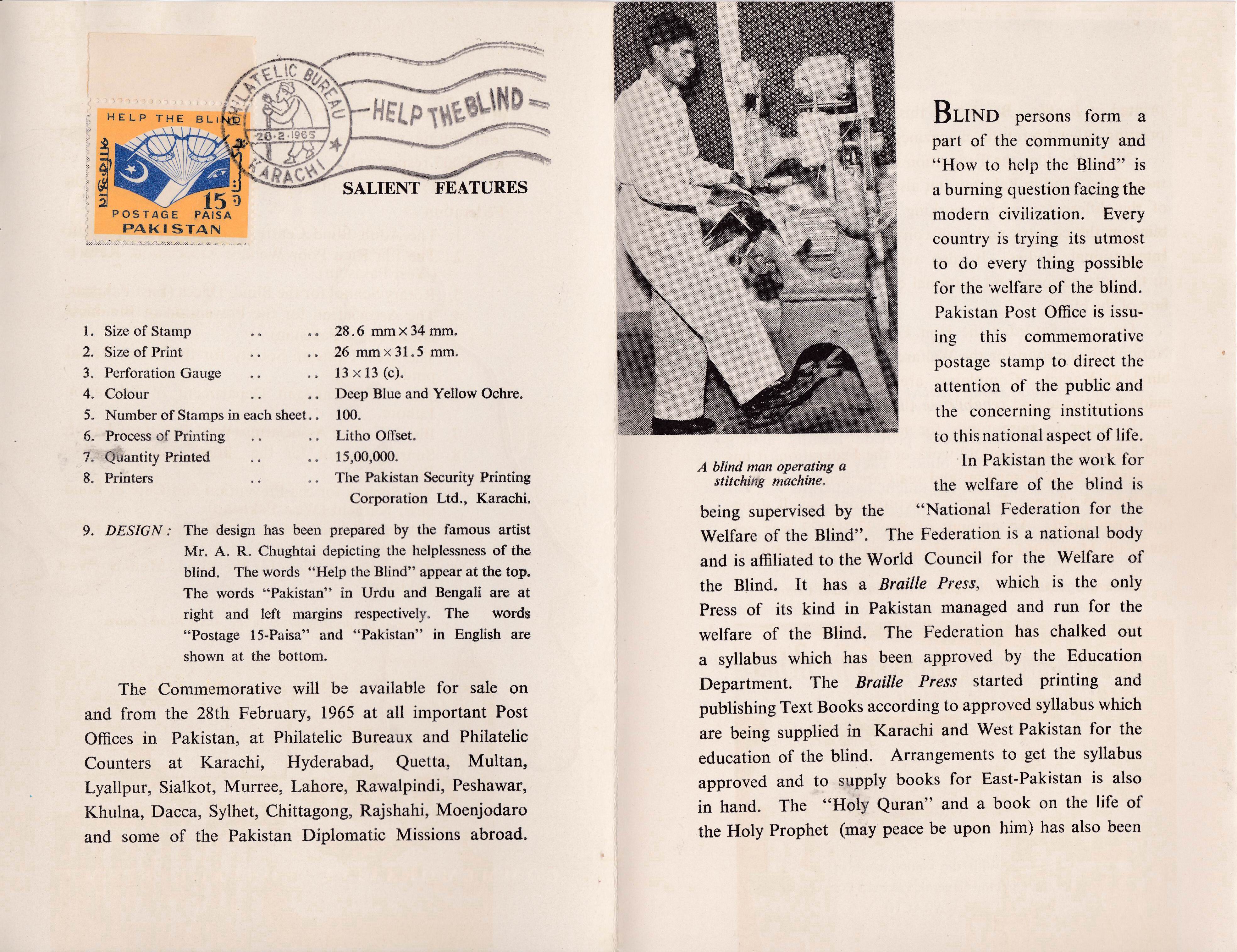 Pakistan Fdc 1965 Brochure & Stamp Help the Blind - Click Image to Close