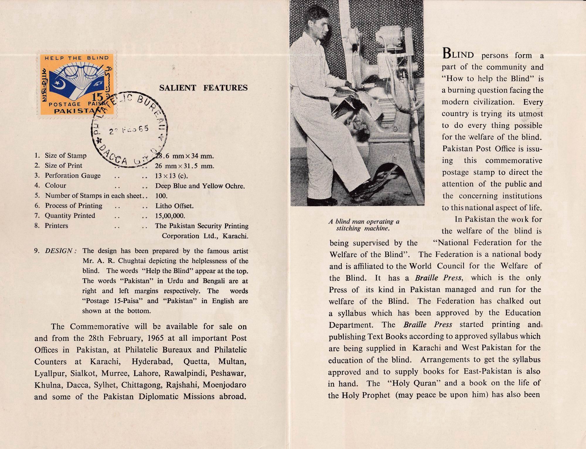 Pakistan Fdc 1965 Brochure & Stamp Help the Blind Dacca - Click Image to Close