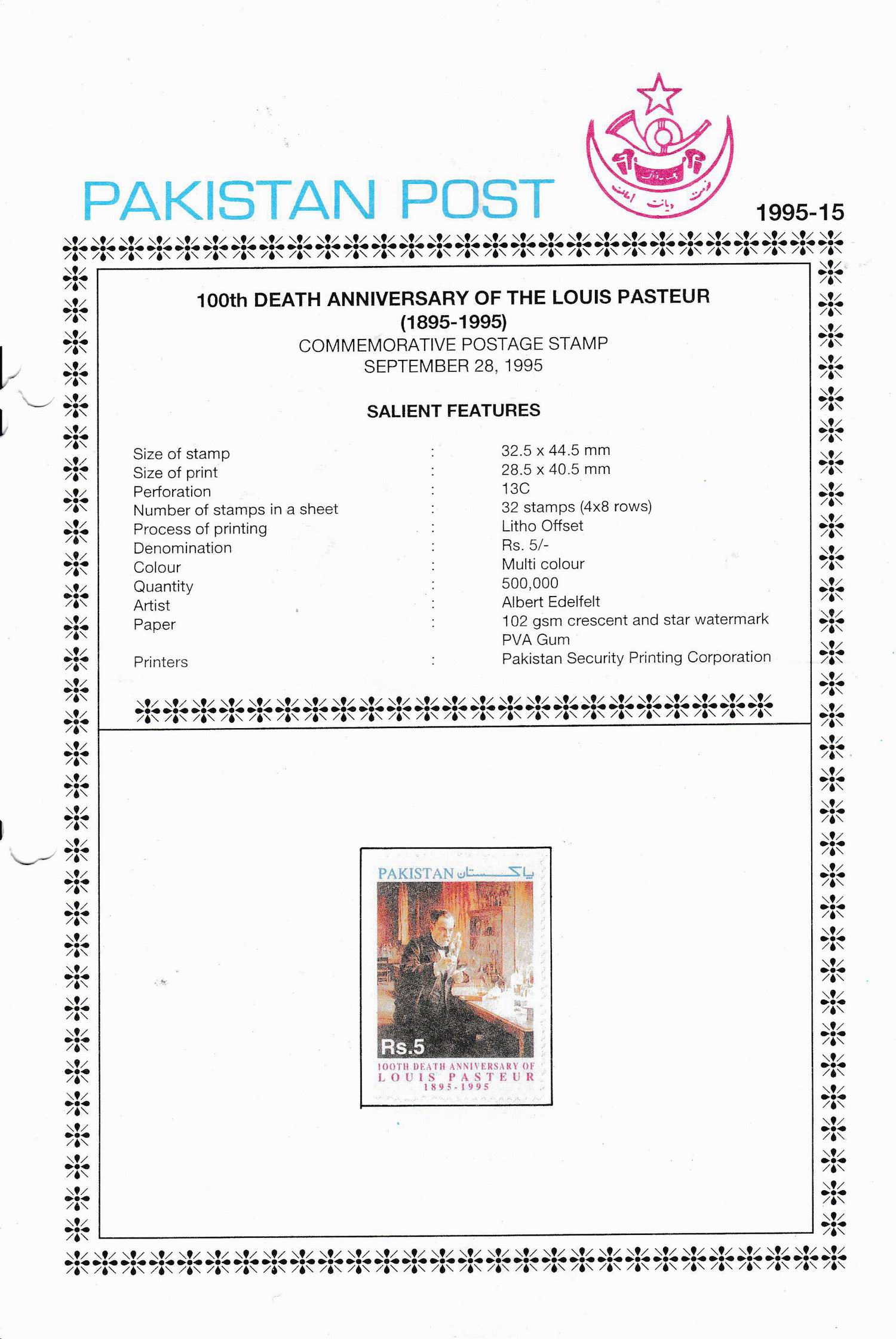 (image for) Pakistan Fdc 1995 Brochure Stamp Bacteriologist Louis Pasteur