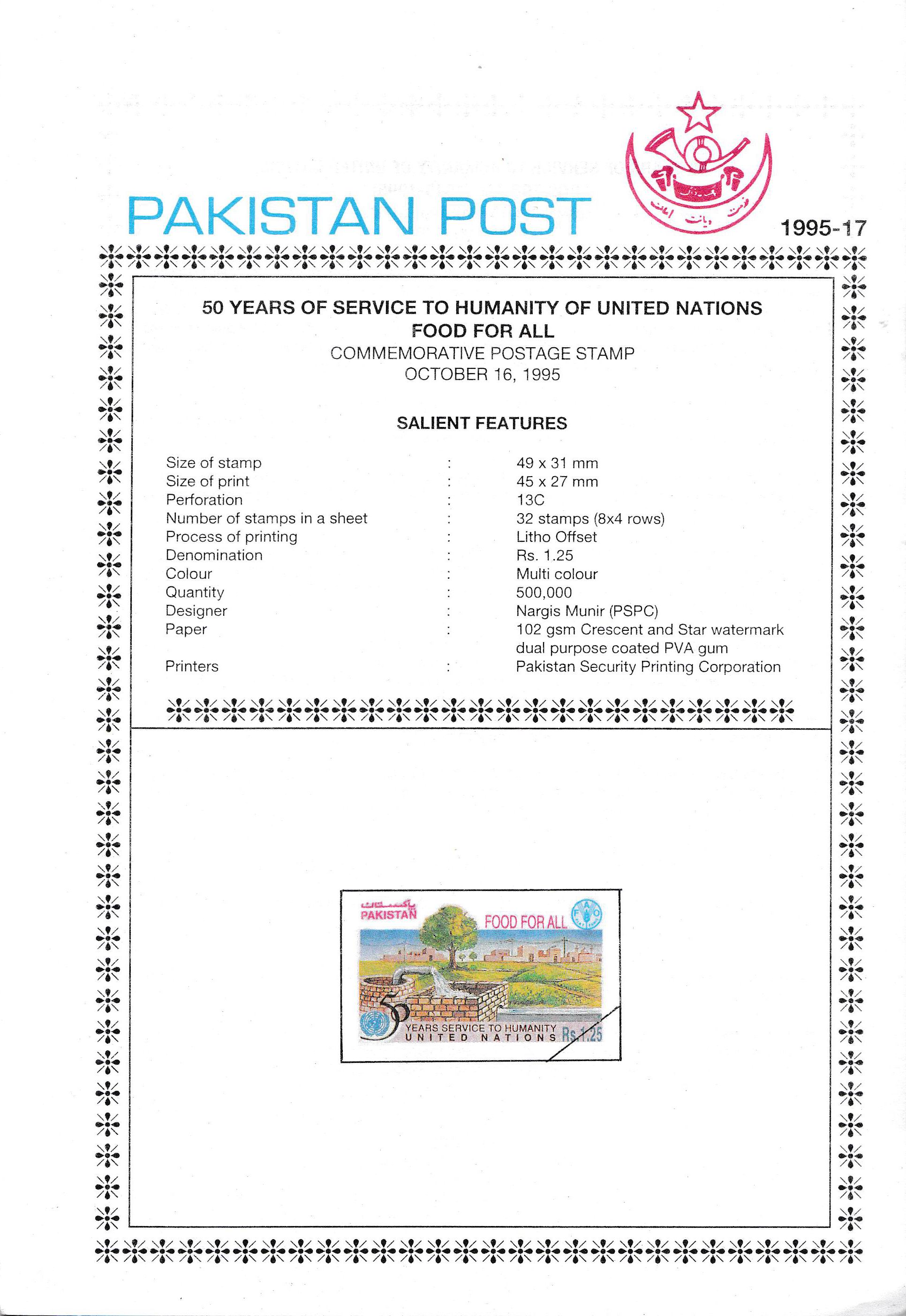 (image for) Pakistan Fdc 1995 Brochure Stamp United Nation Food For All FAO