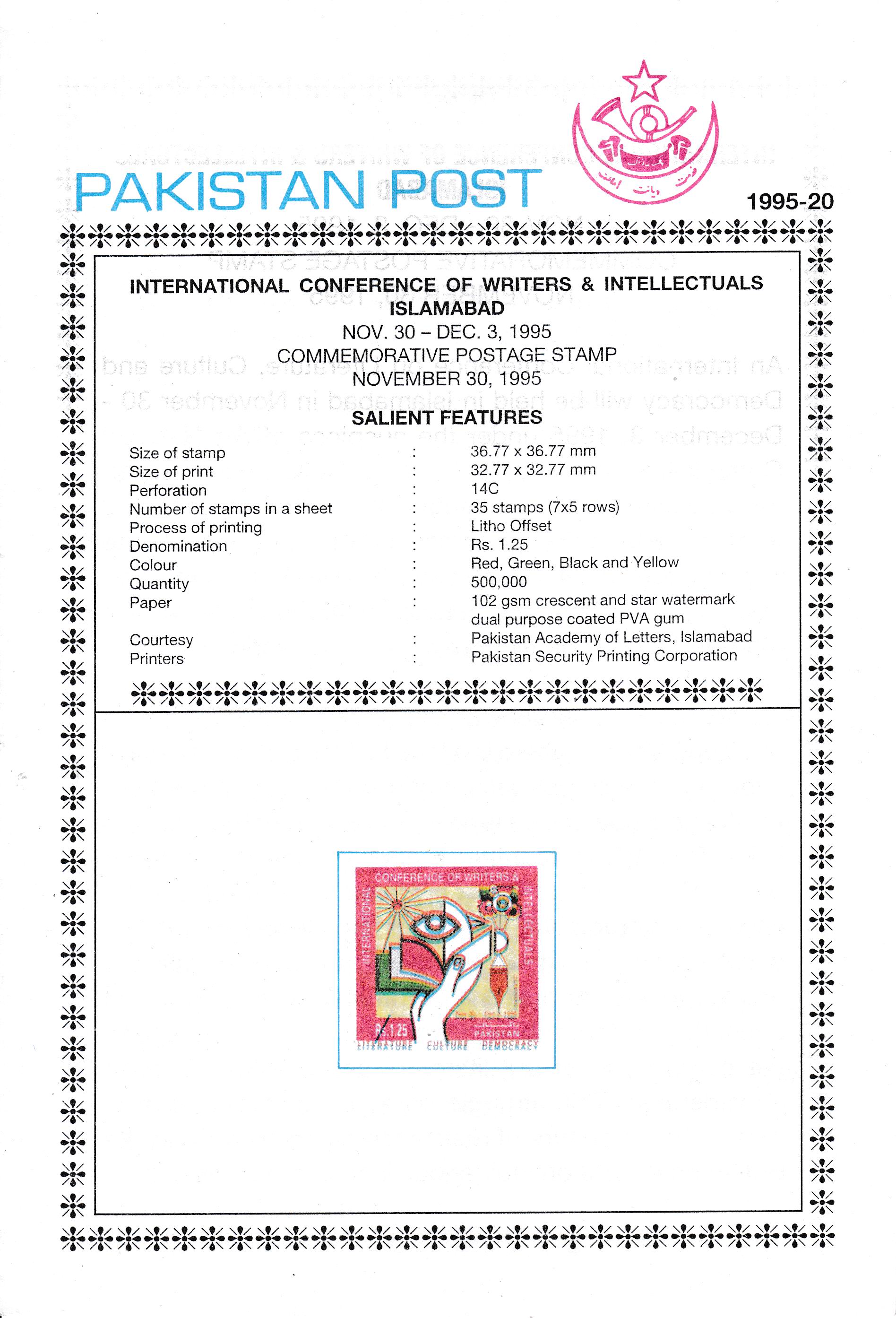 (image for) Pakistan Fdc 1995 Brochure Stamp Conference of Writers