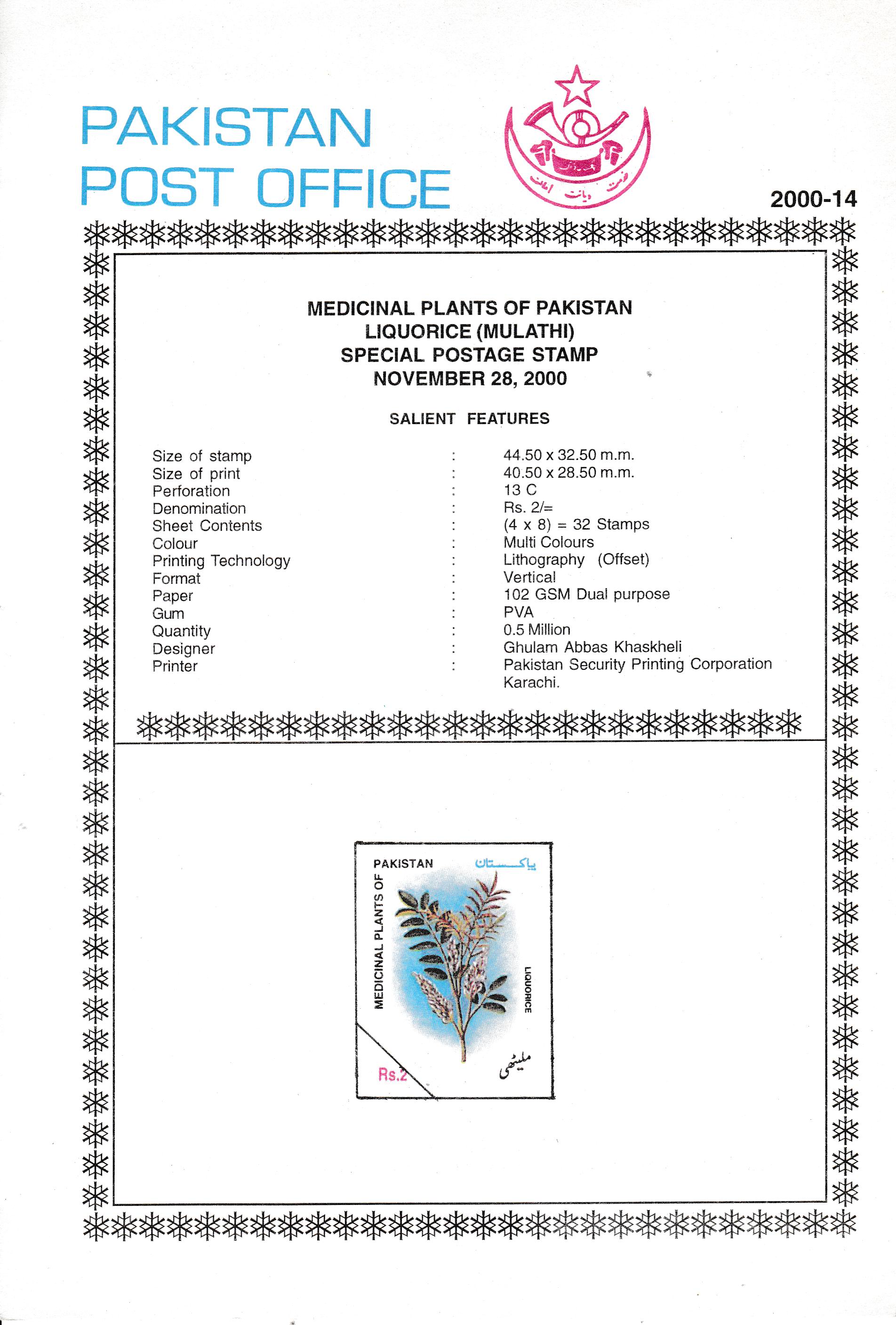(image for) Pakistan Fdc 2000 Brochure & Stamp Medicinal Plants Liquorice