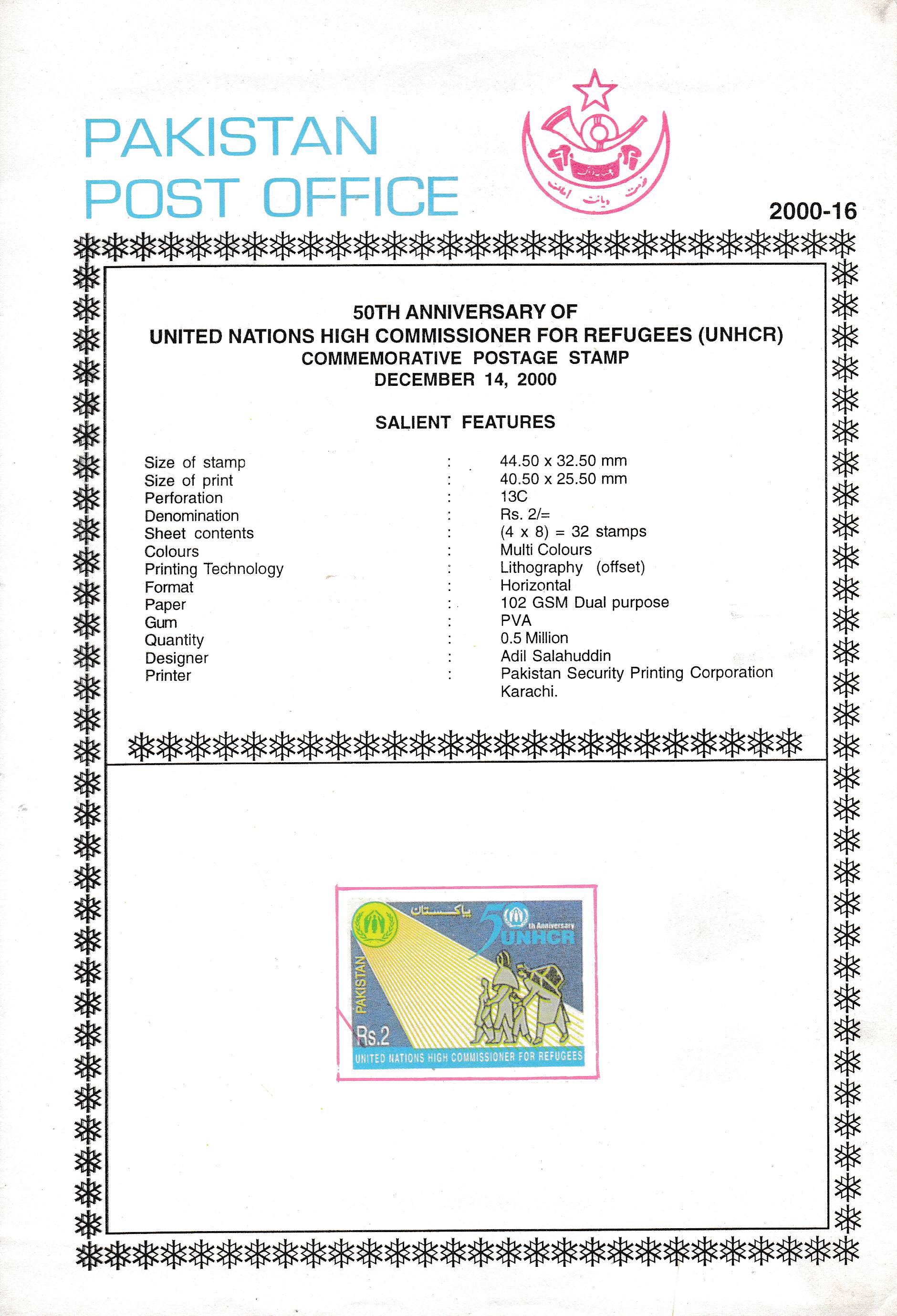 (image for) Pakistan Fdc 2000 Brochure & Stamp High Commissioner For Refugee