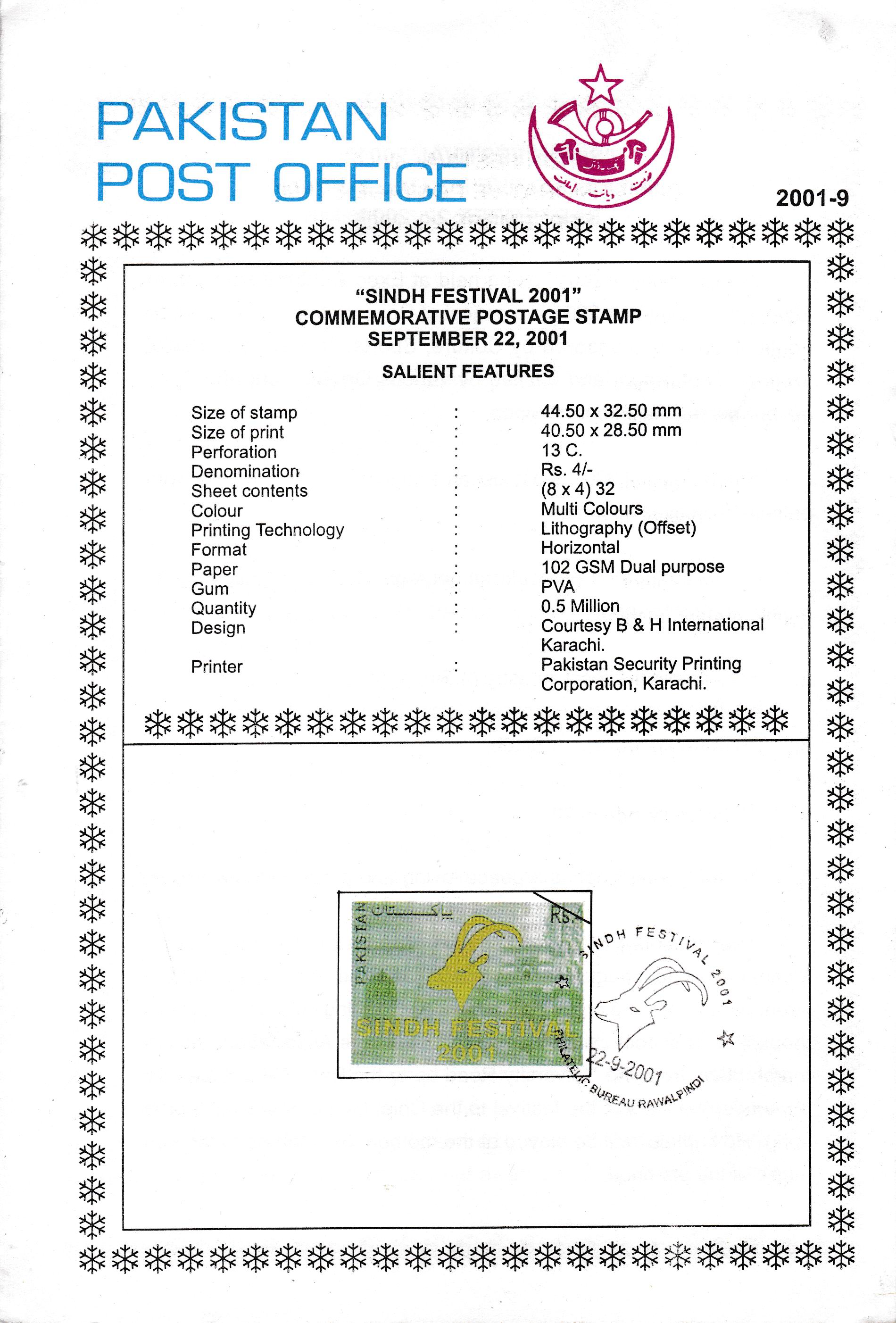 (image for) Pakistan Fdc 2001 Brochure & Stamp Sindh Festival – 2001