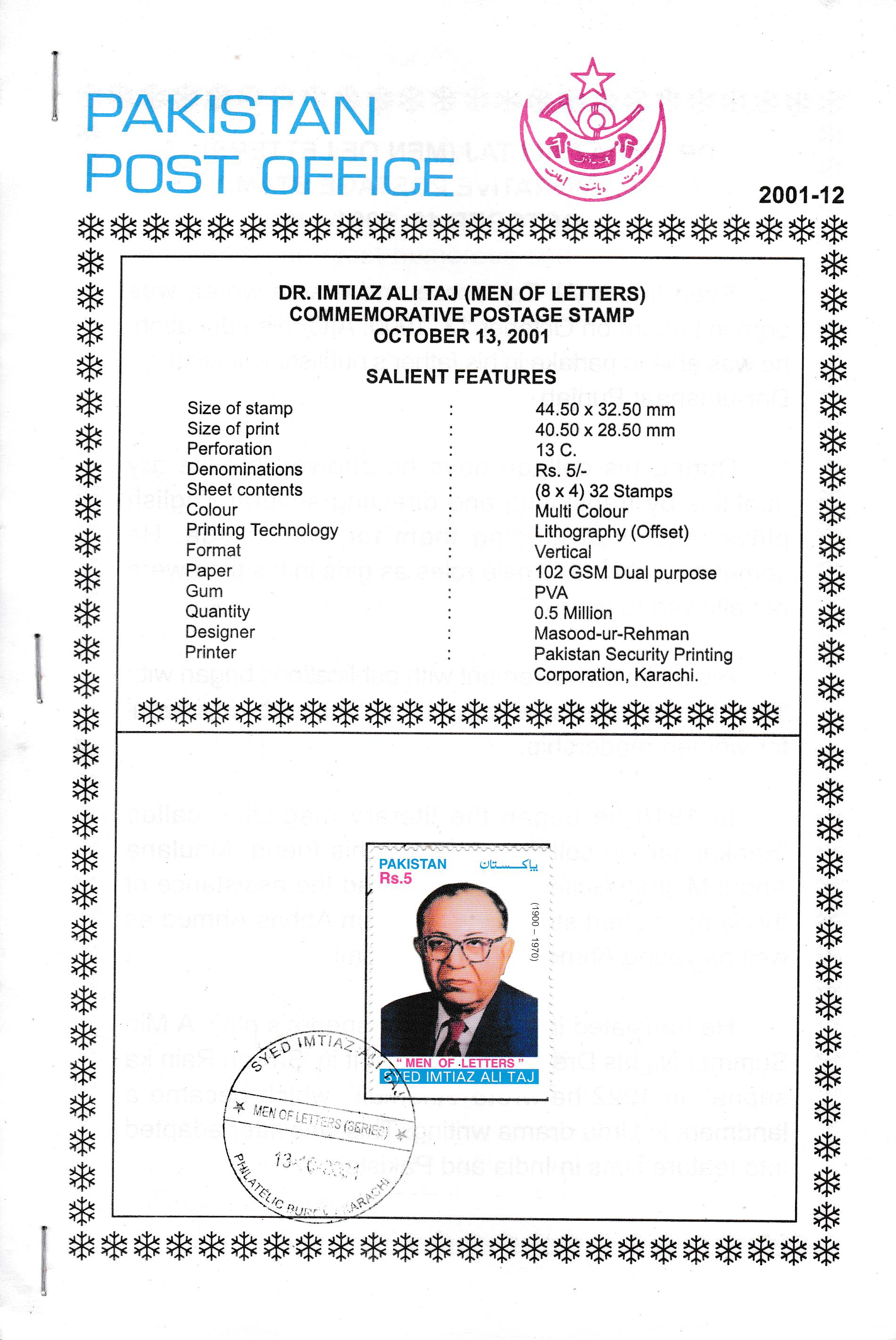 (image for) Pakistan Fdc 2001 Brochure & Stamp Dr Syed Imtiaz Ali Taj