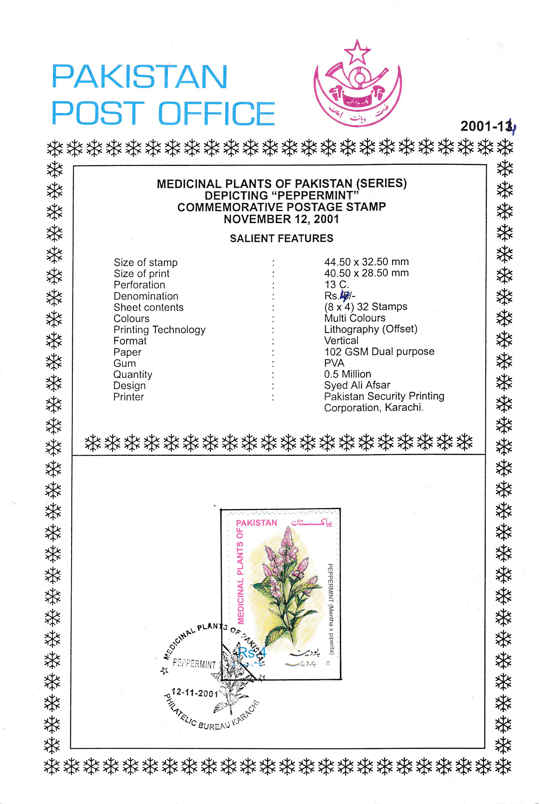 (image for) Pakistan Fdc 2001 Brochure & Stamp Medicinal Plants Peppermint