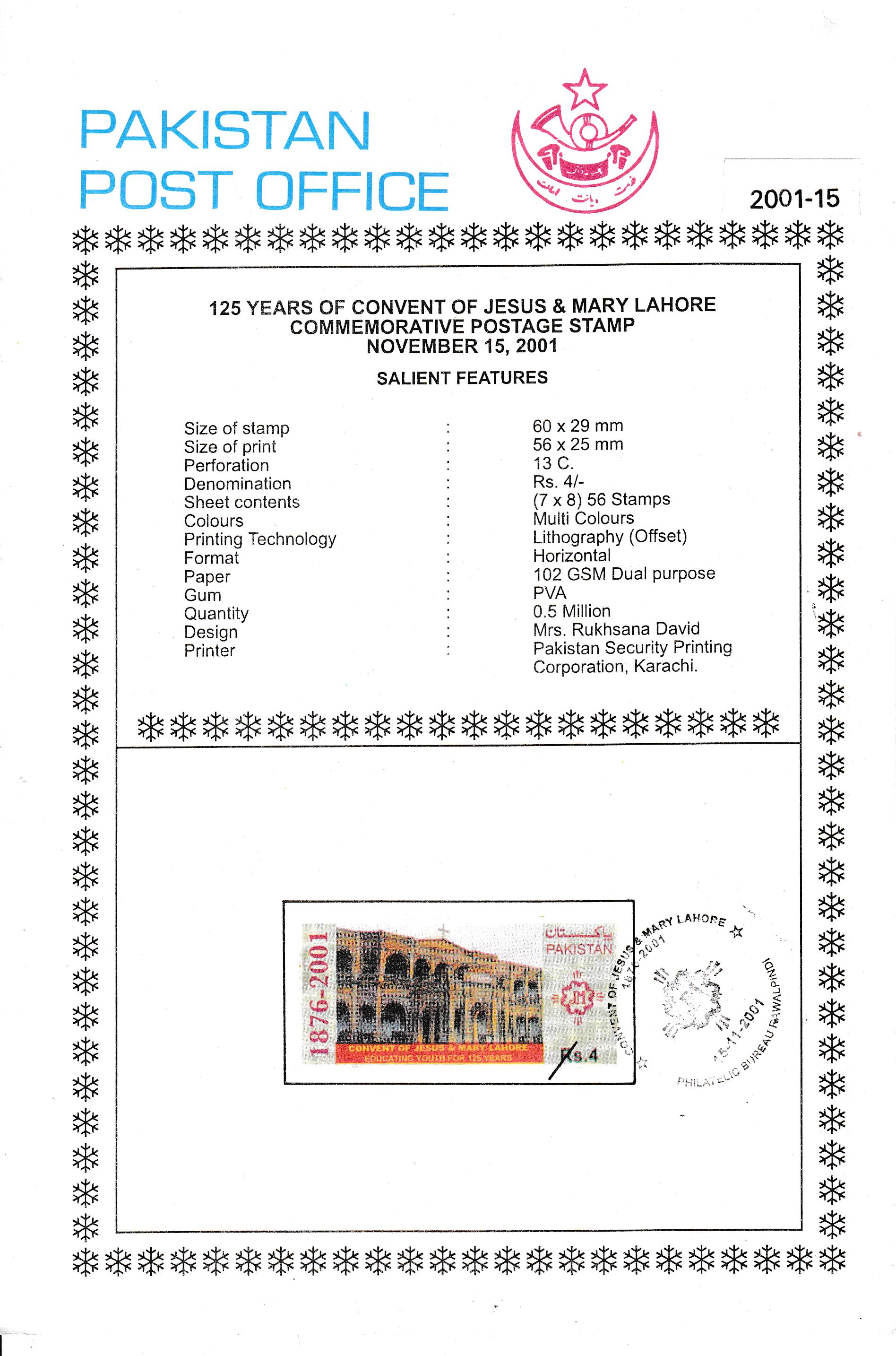(image for) Pakistan Fdc 2001 Brochure & Stamp Convent Of Jesus & Mary