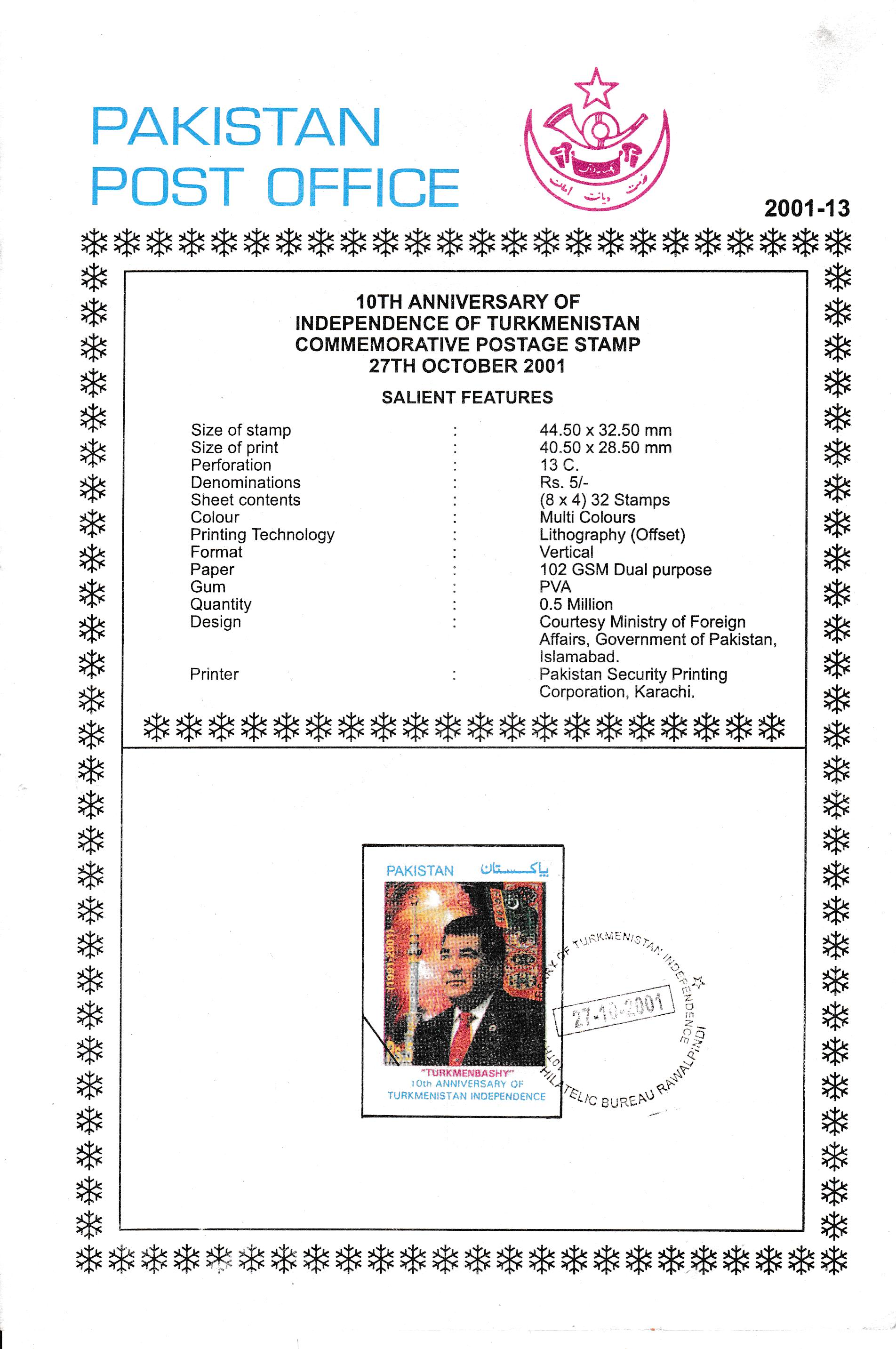 (image for) Pakistan Fdc 2001 Brochure & Stamp Independence of Turkmenistan