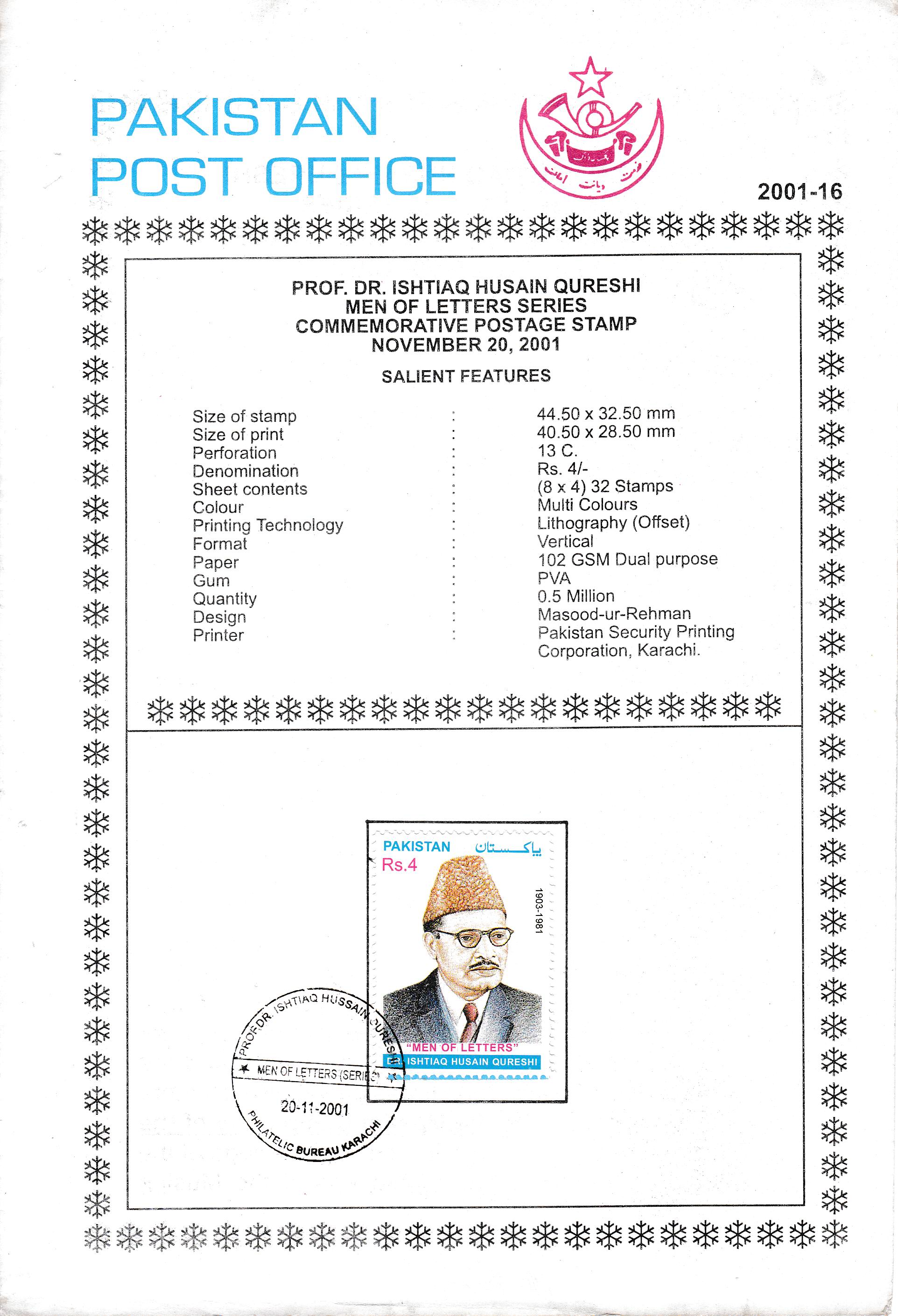 (image for) Pakistan Fdc 2001 Brochure & Stamp Dr Ishtiaq Hussain Qureshi