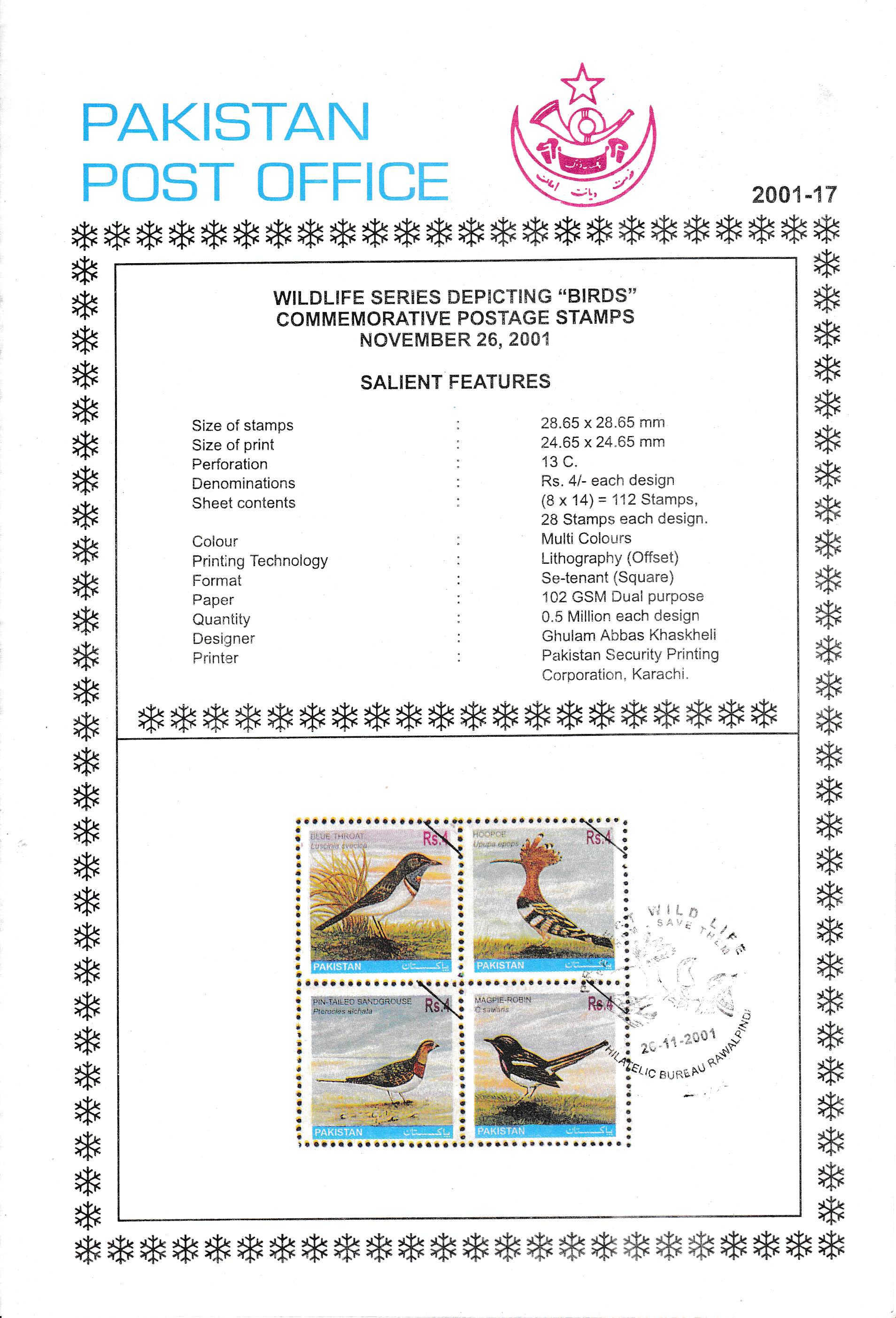 (image for) Pakistan Fdc 2001 Brochure & Stamps Wildlife Series Birds
