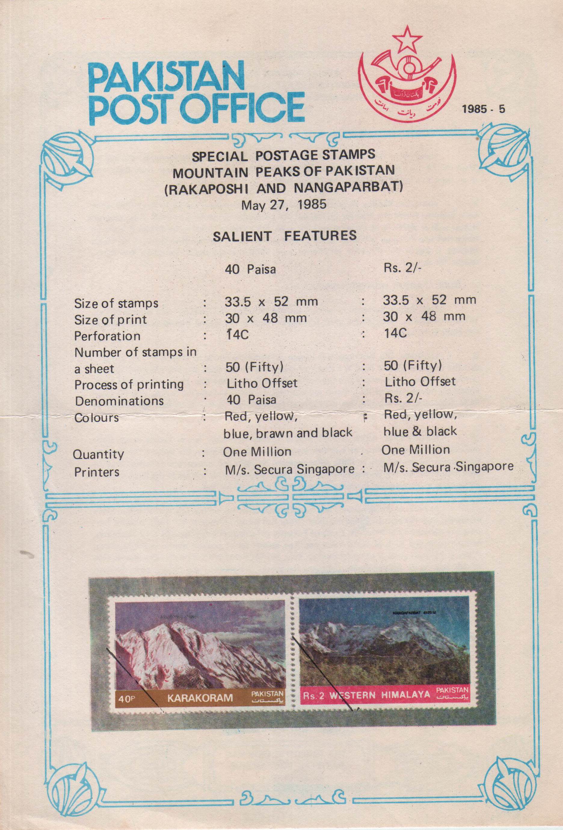 Pakistan Fdc 1985 Brochure & Stamps Rakaposhi & Nanga Parbat