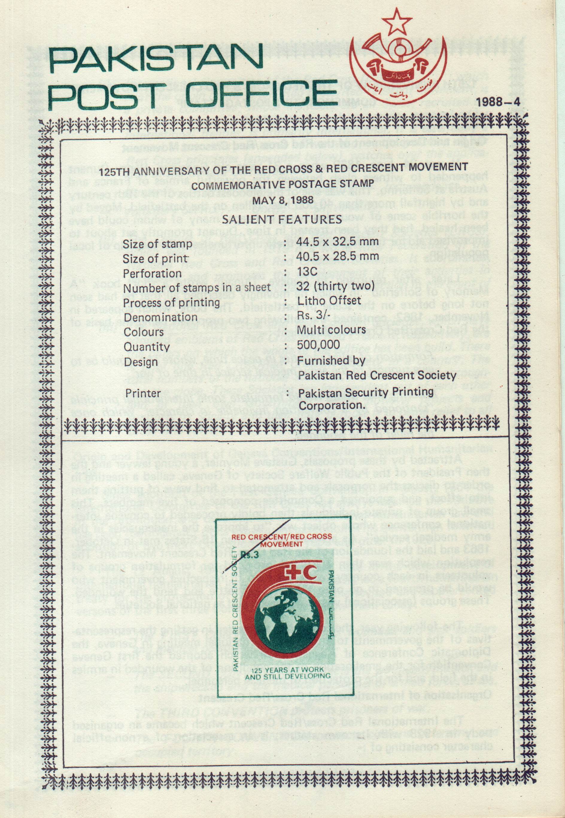(image for) Pakistan Fdc 1988 Brochure & Stamp Red Cross & Red Crescent
