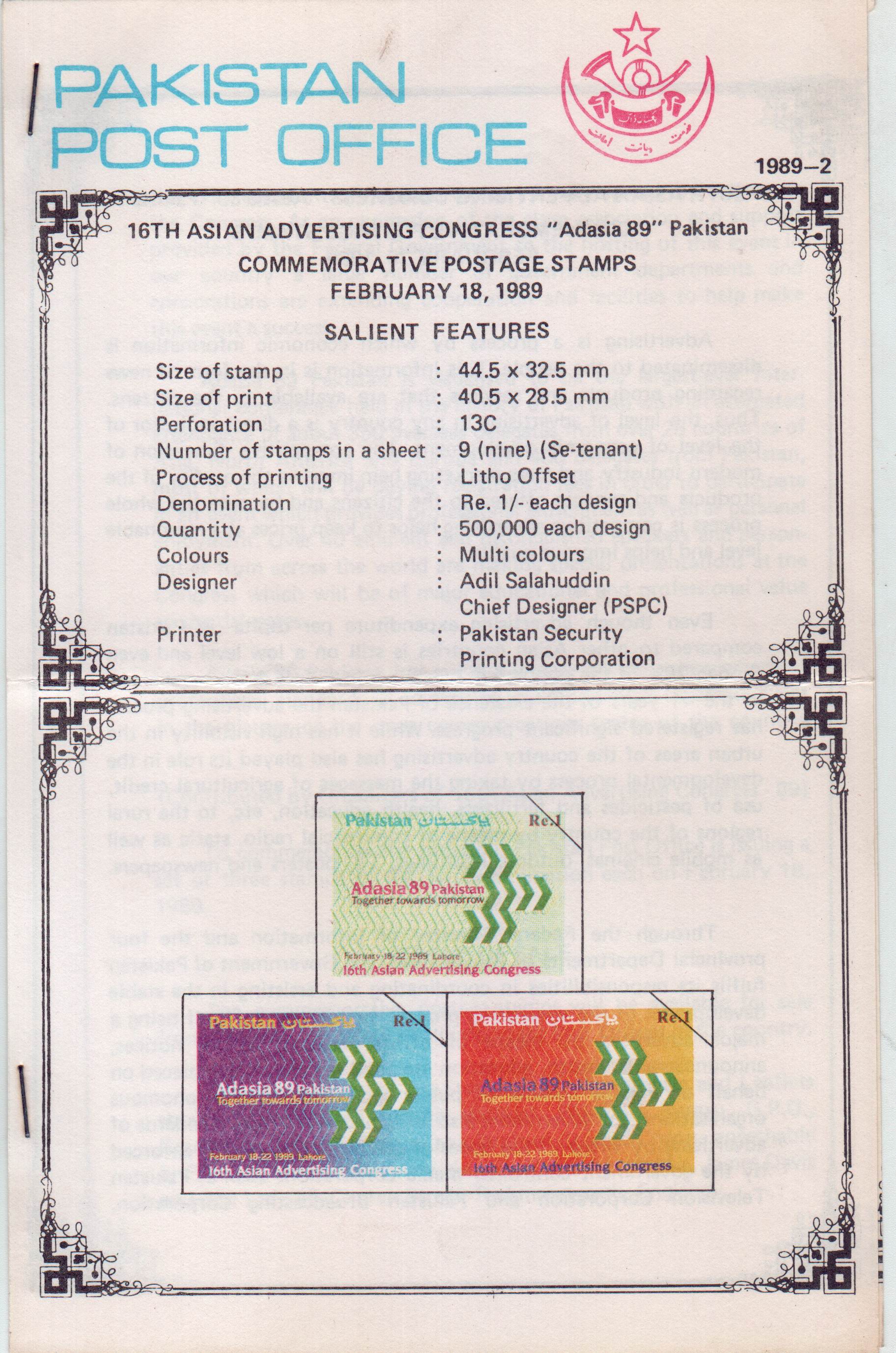 (image for) Pakistan Fdc 1989 Brochure & Stamps Adasia 89